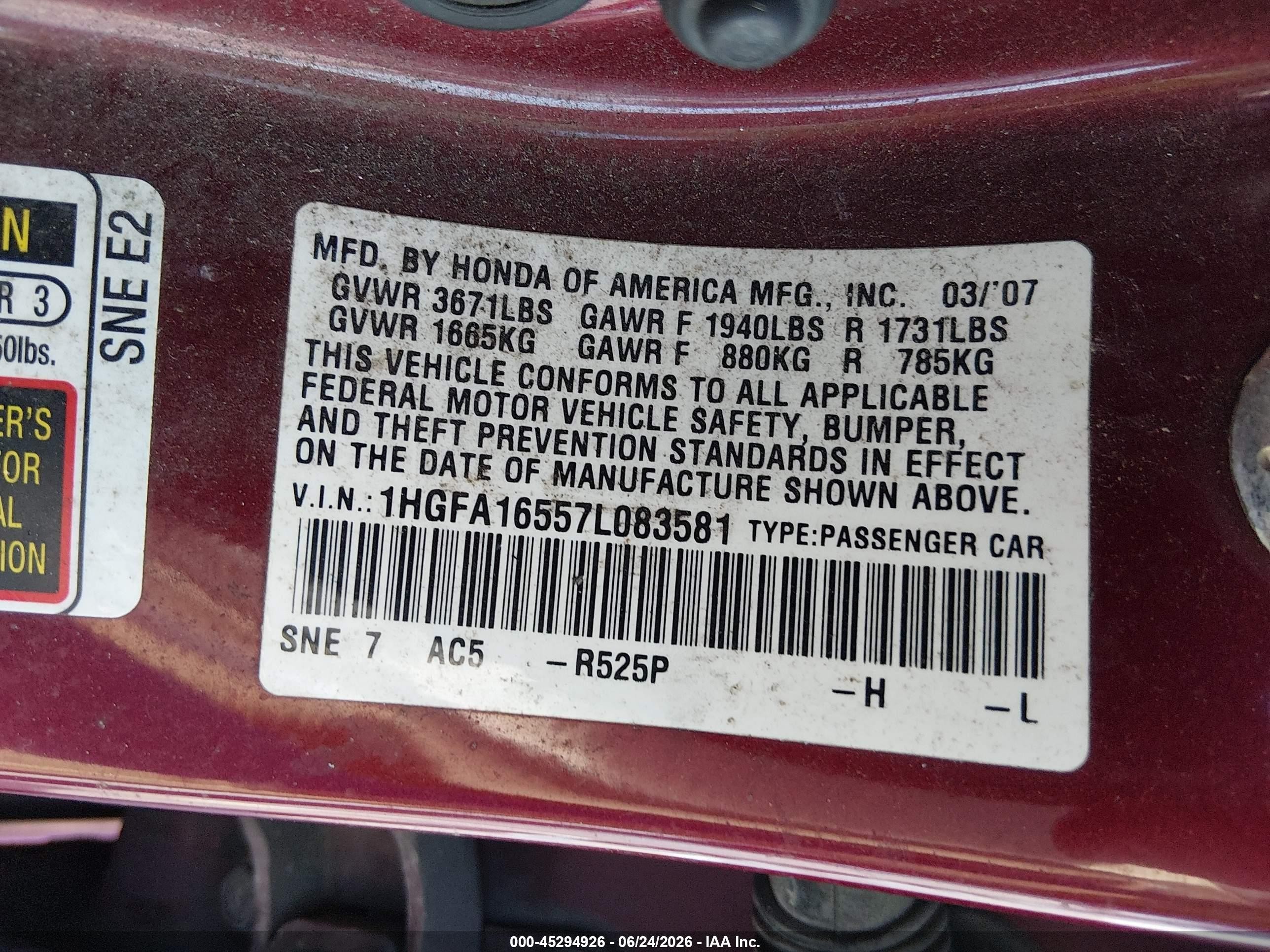 2007 Honda Civic Lx Burgundy vin: 1HGFA16557L083581