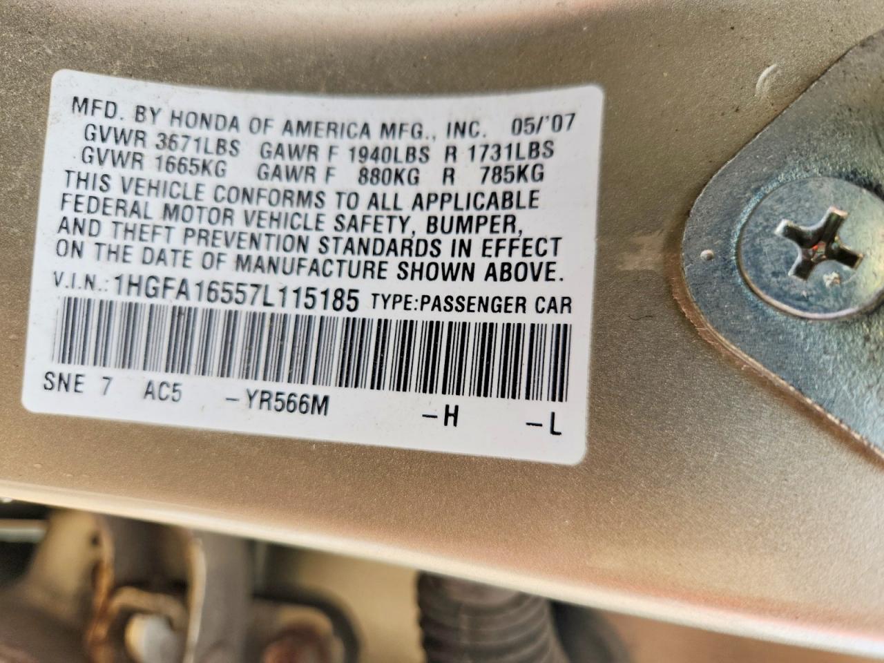 2007 Honda Civic Lx Gold vin: 1HGFA16557L115185