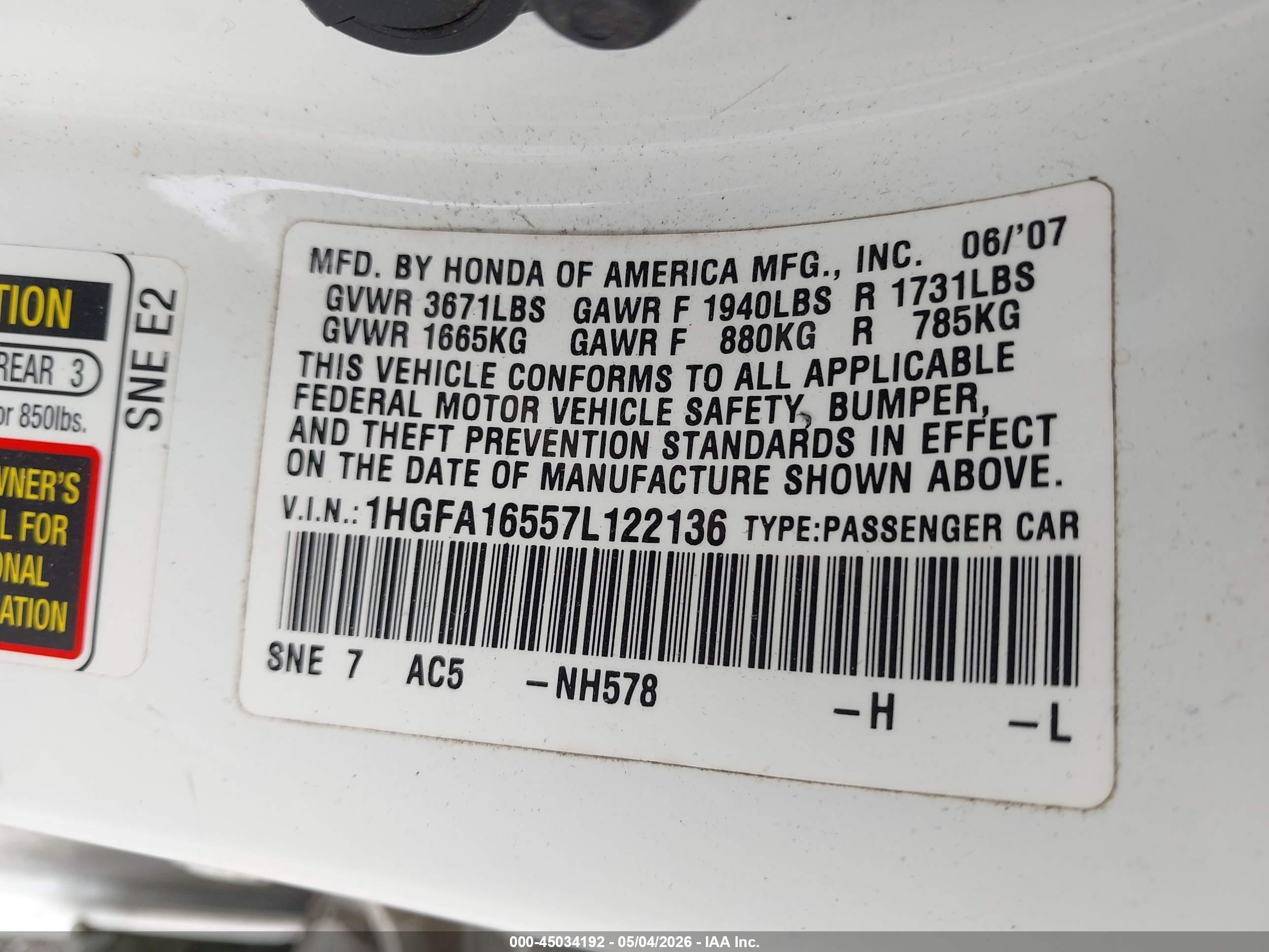2007 Honda Civic Lx White vin: 1HGFA16557L122136