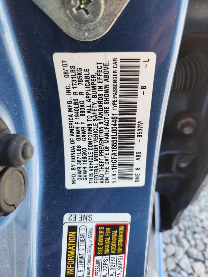 2008 Honda Civic Lx Blue vin: 1HGFA16558L004461