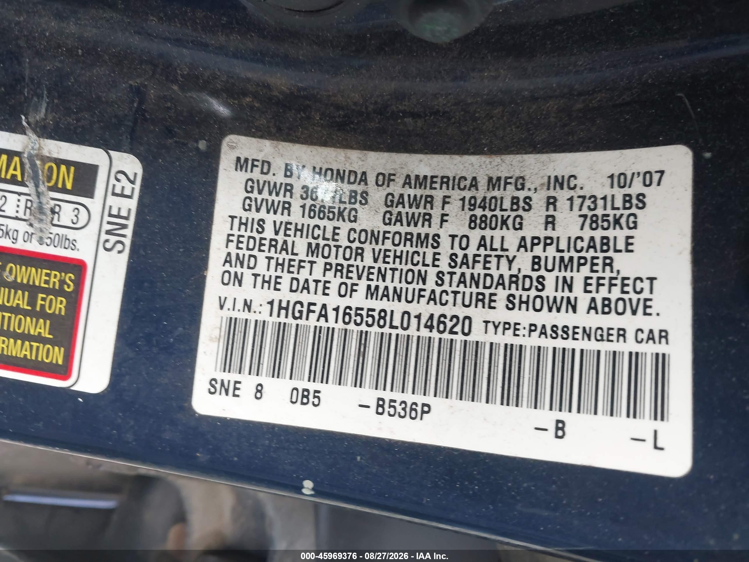 2008 Honda Civic Lx Синий vin: 1HGFA16558L014620