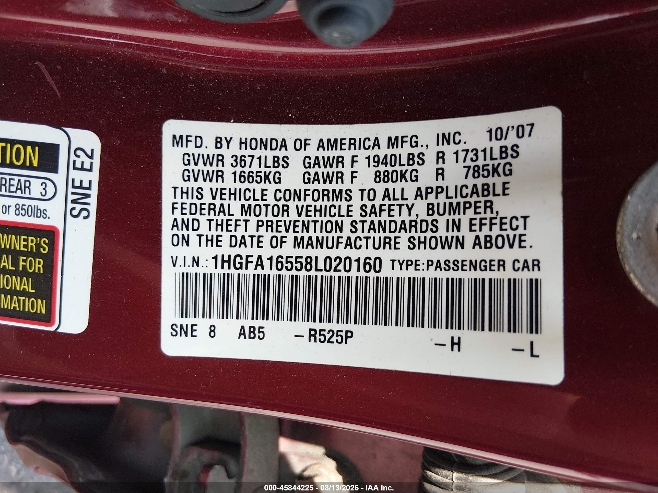 2008 Honda Civic Lx Red vin: 1HGFA16558L020160