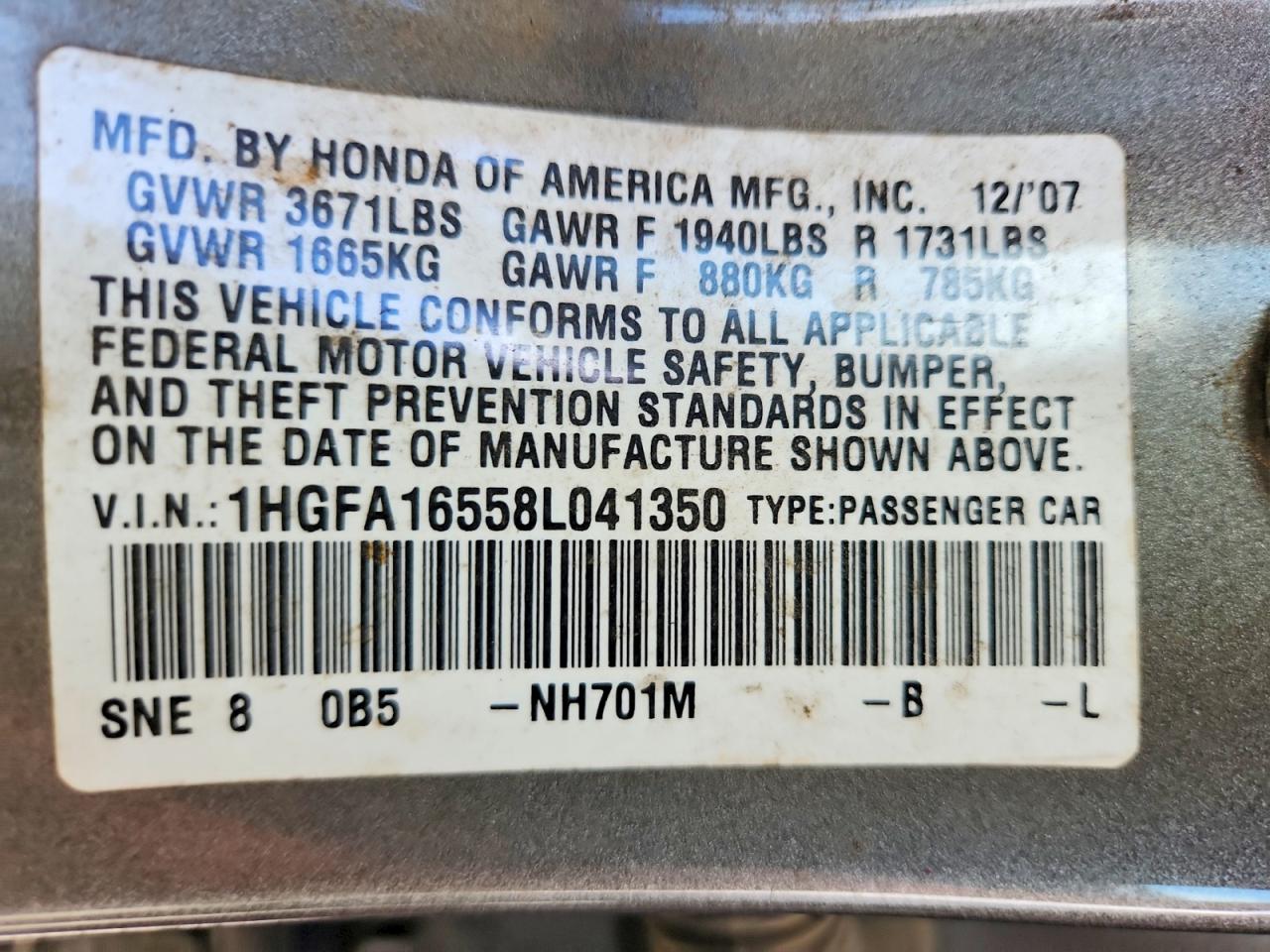 2008 Honda Civic Tan vin: 1HGFA16558L041350