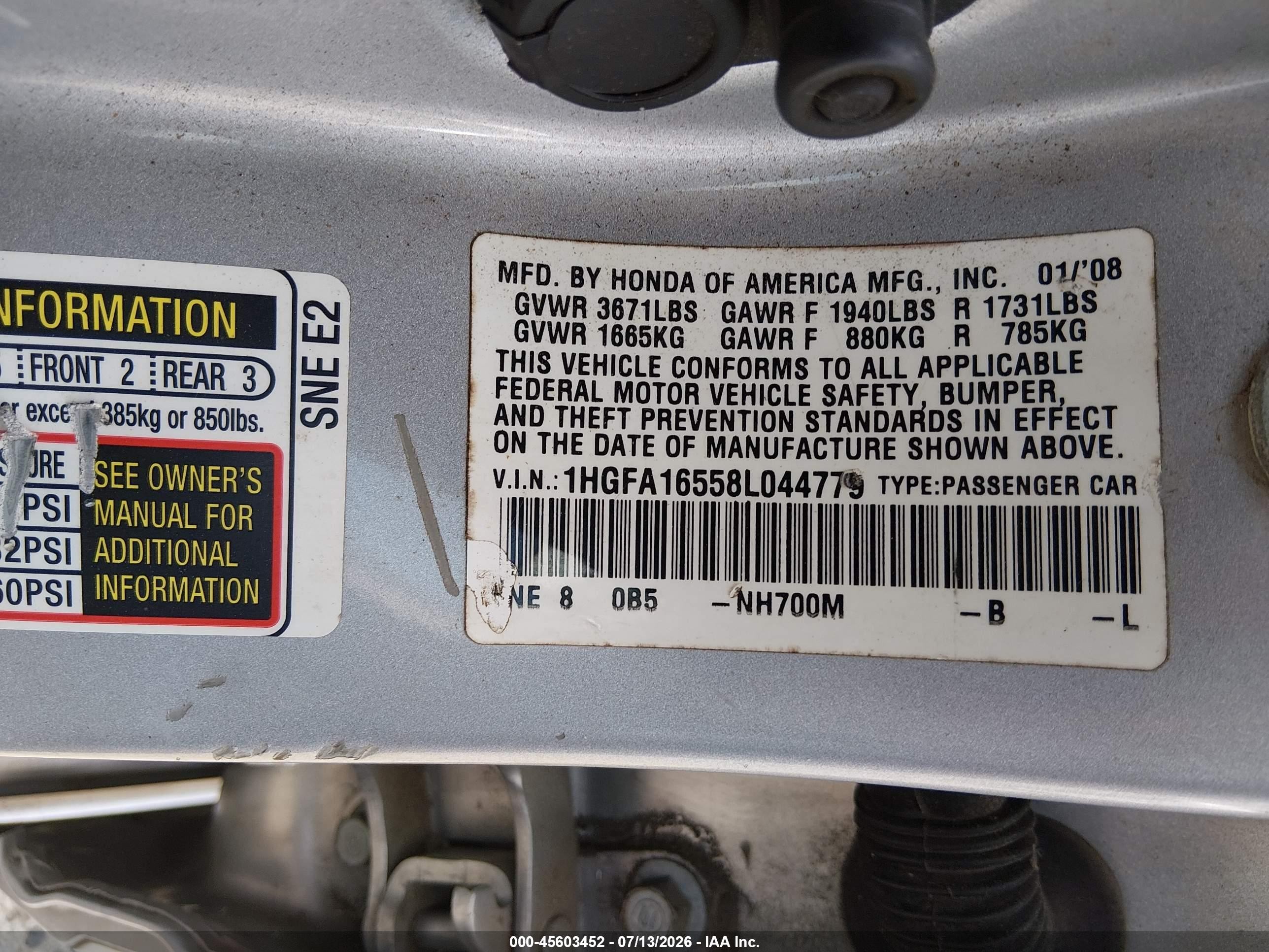 2008 Honda Civic Lx Silver vin: 1HGFA16558L044779