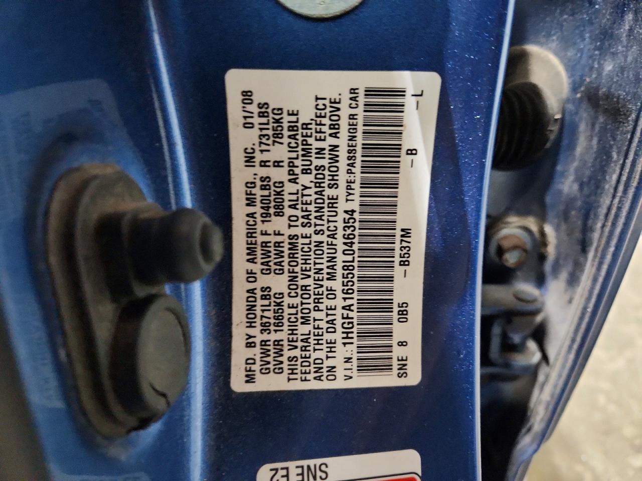 2008 Honda Civic Lx Blue vin: 1HGFA16558L046354