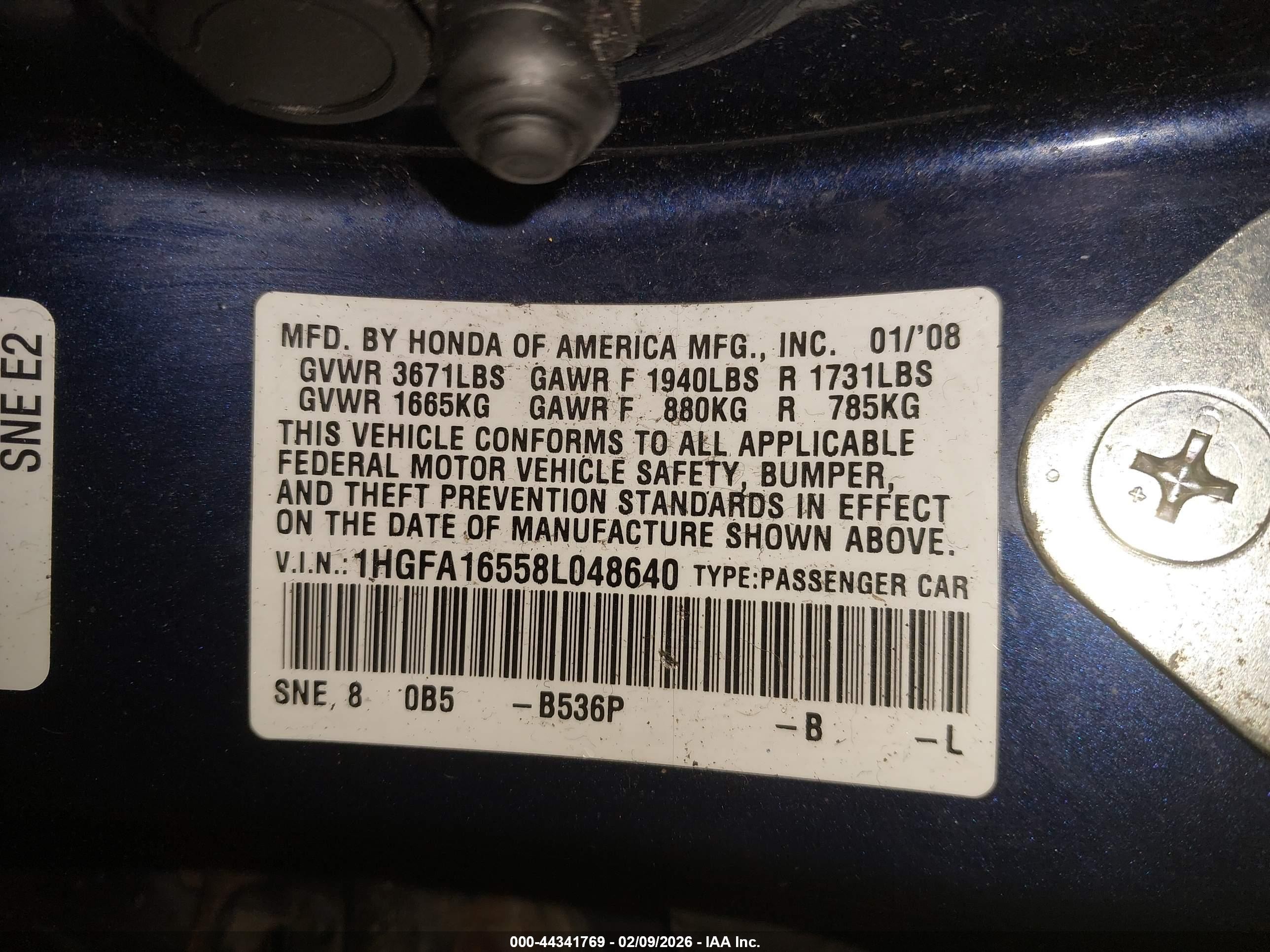 2008 Honda Civic Lx Blue vin: 1HGFA16558L048640
