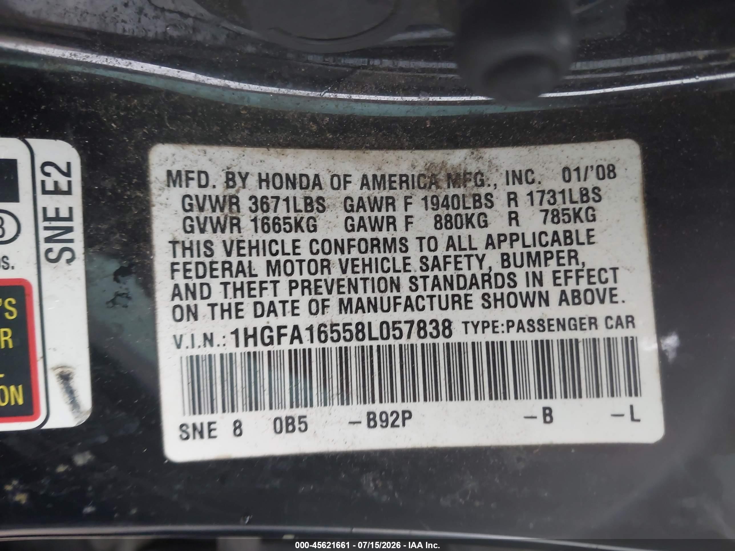 2008 Honda Civic Lx Black vin: 1HGFA16558L057838