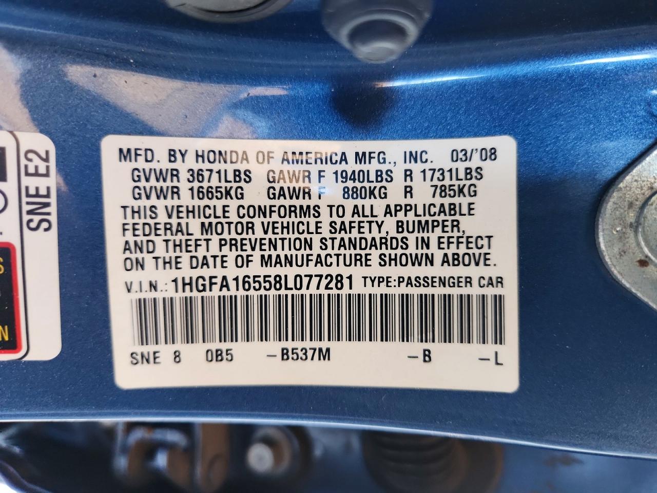 2008 Honda Civic Lx Blue vin: 1HGFA16558L077281