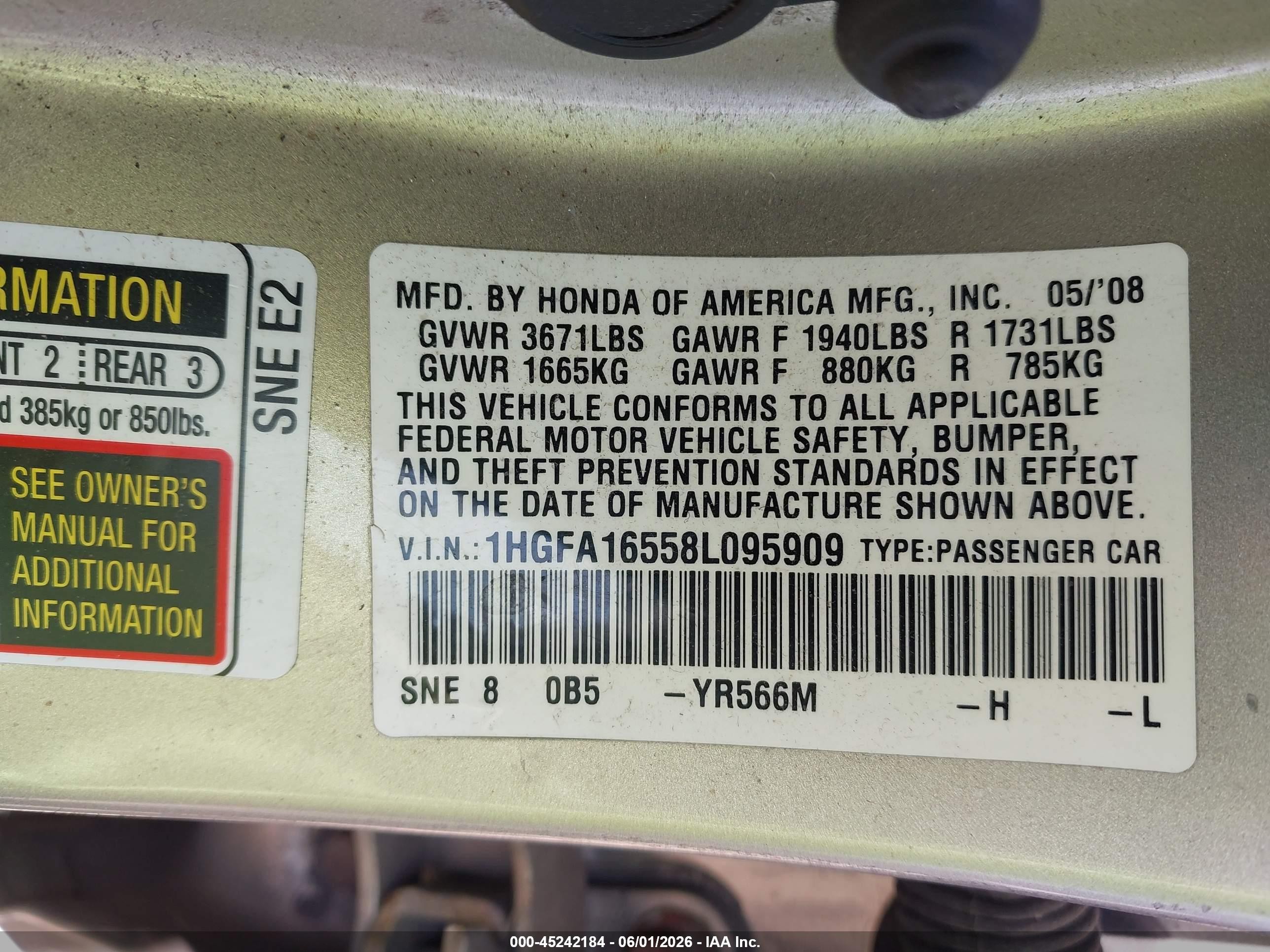 2008 Honda Civic Lx Gold vin: 1HGFA16558L095909