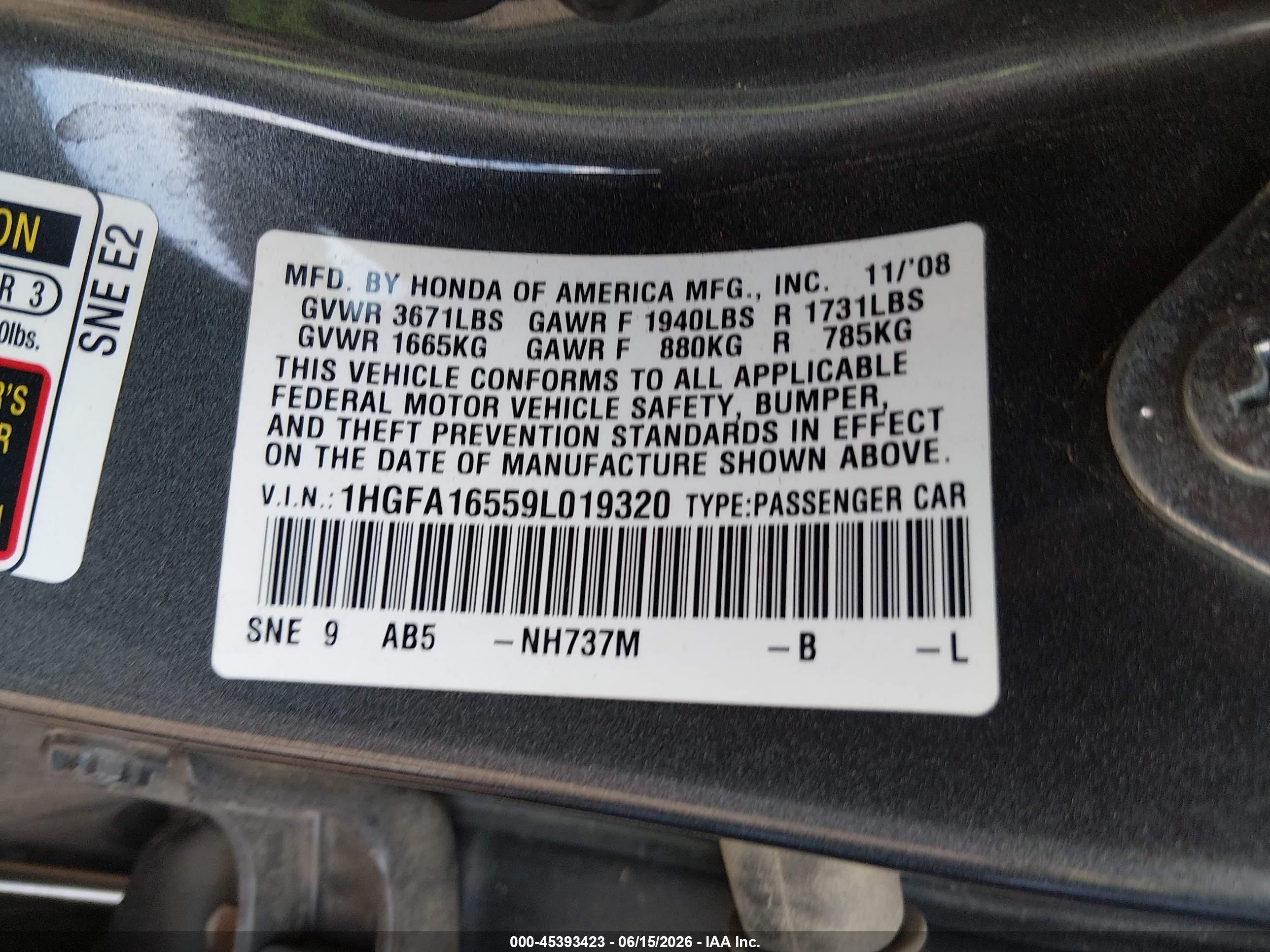 2009 Honda Civic Lx Gray vin: 1HGFA16559L019320