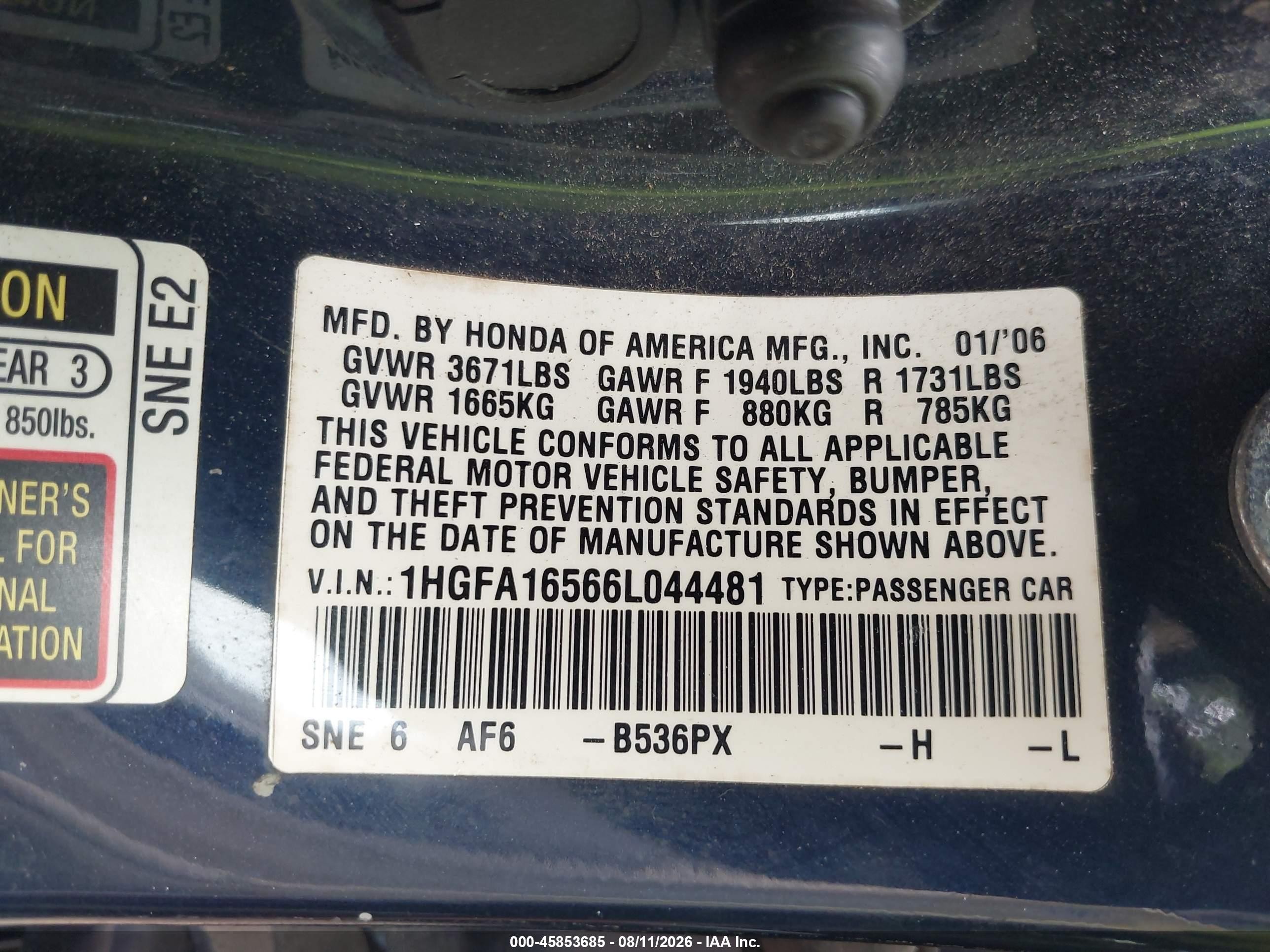 2006 Honda Civic Lx Blue vin: 1HGFA16566L044481