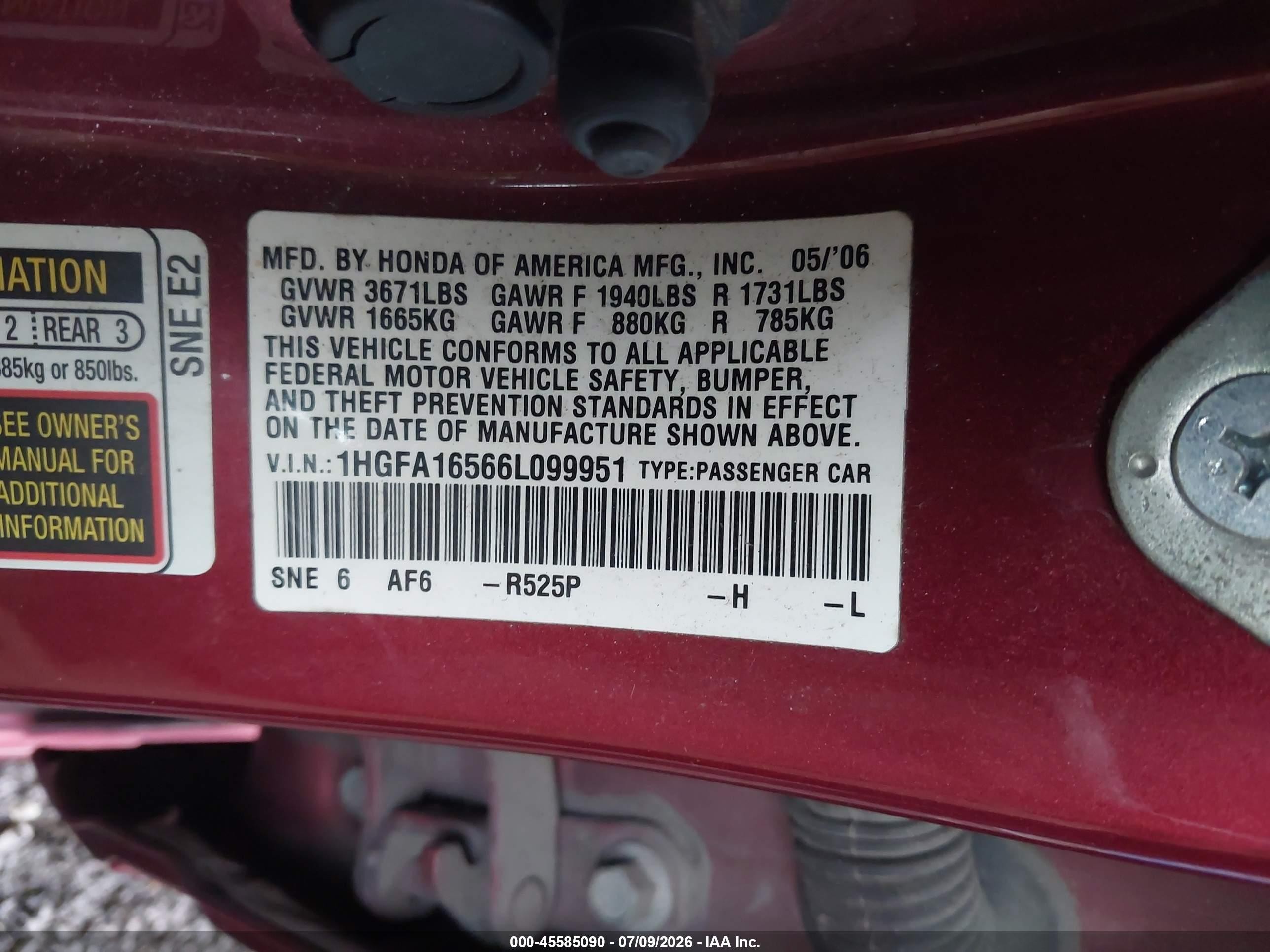2006 Honda Civic Lx Темно-бордовый vin: 1HGFA16566L099951