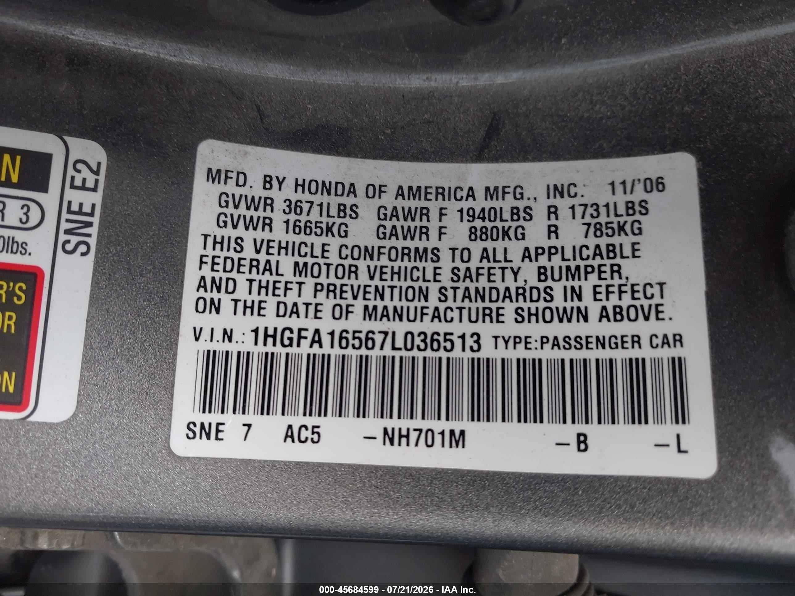 2007 Honda Civic Lx Brown vin: 1HGFA16567L036513
