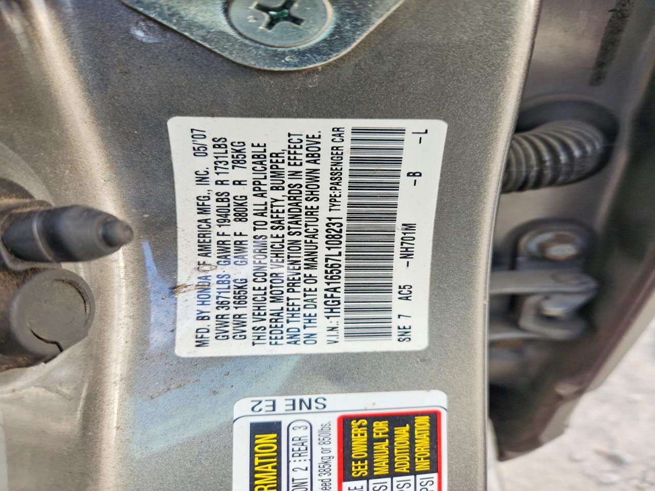 2007 Honda Civic Lx Gray vin: 1HGFA16567L108231