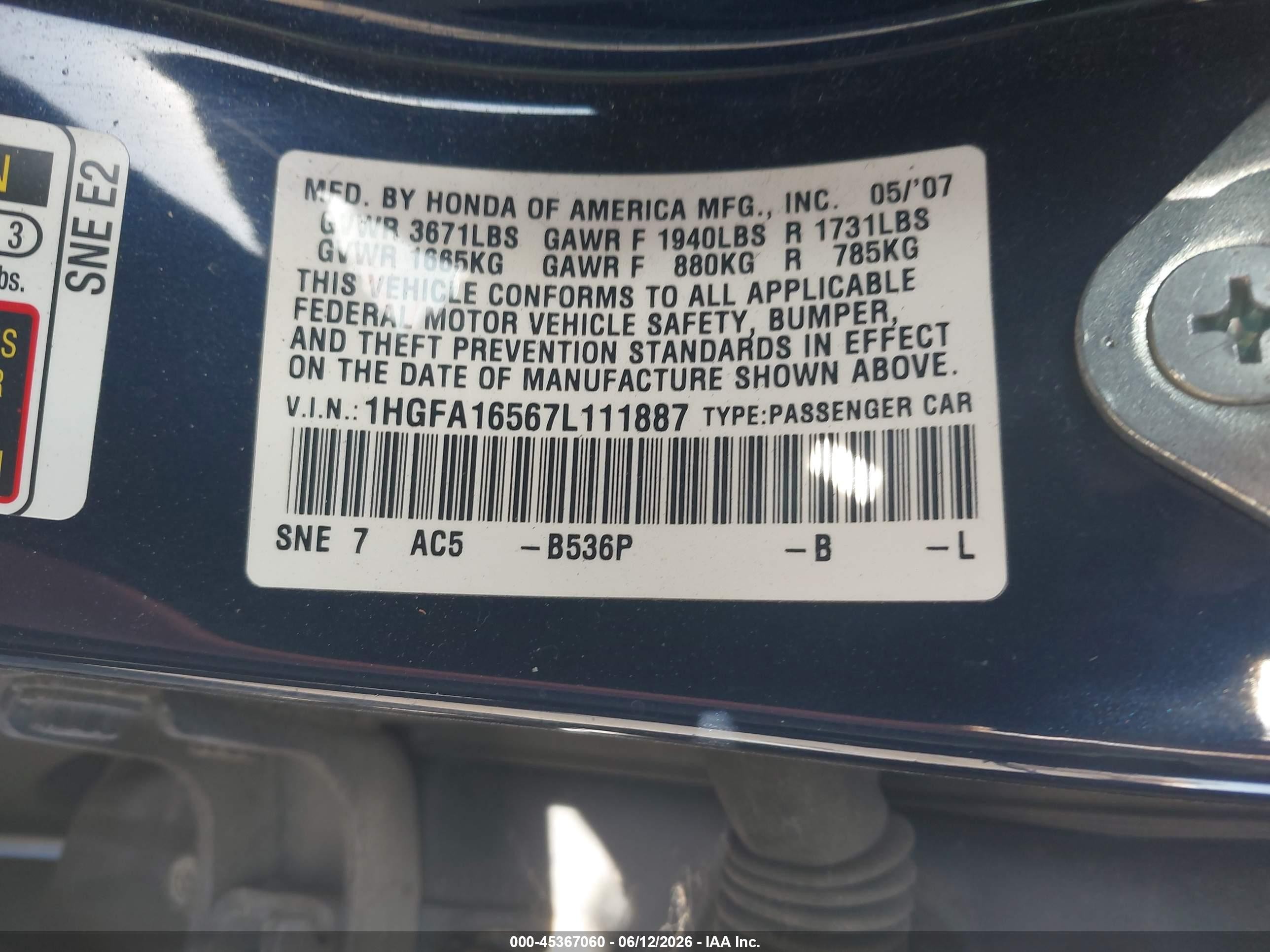2007 Honda Civic Lx Blue vin: 1HGFA16567L111887
