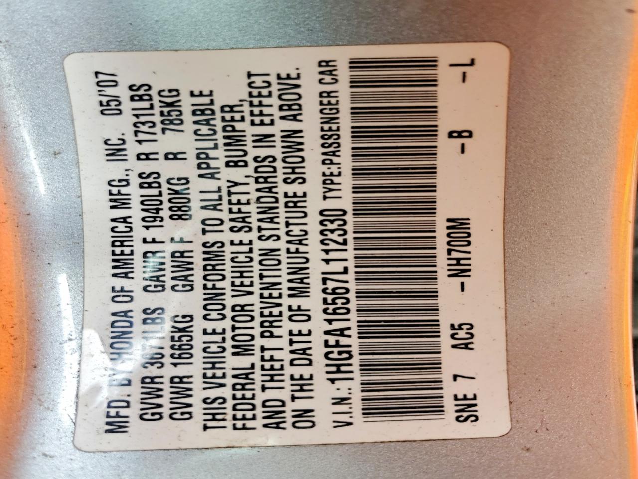 2007 Honda Civic Lx Silver vin: 1HGFA16567L112330