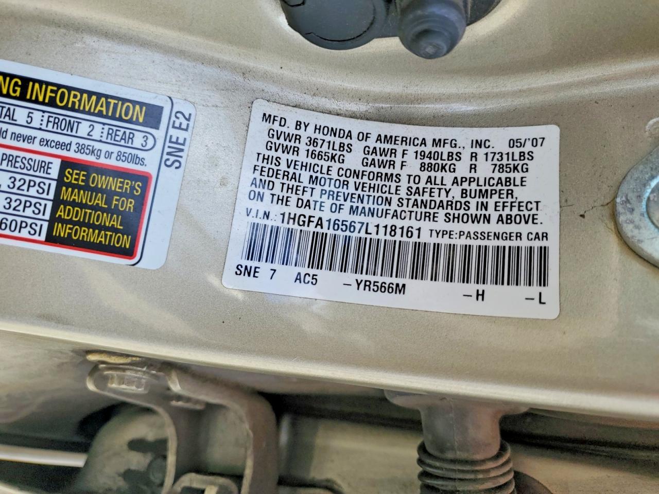 2007 Honda Civic Lx Gold vin: 1HGFA16567L118161