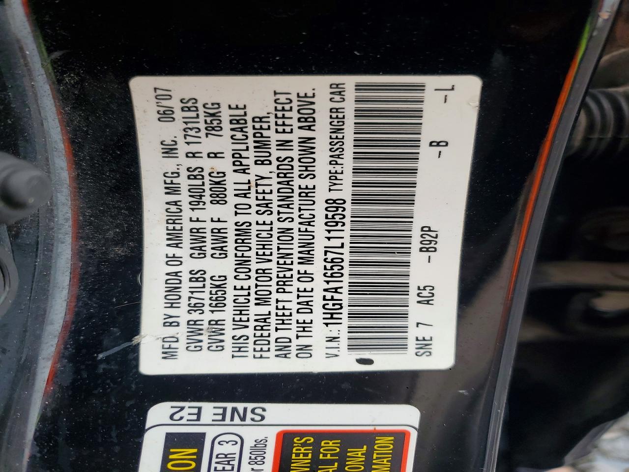 2007 Honda Civic Lx Черный vin: 1HGFA16567L119598