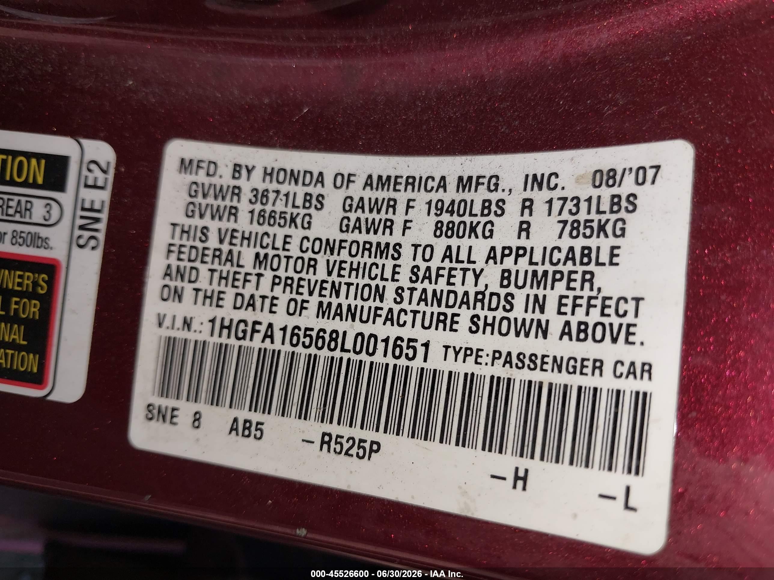2008 Honda Civic Lx Бордовый vin: 1HGFA16568L001651