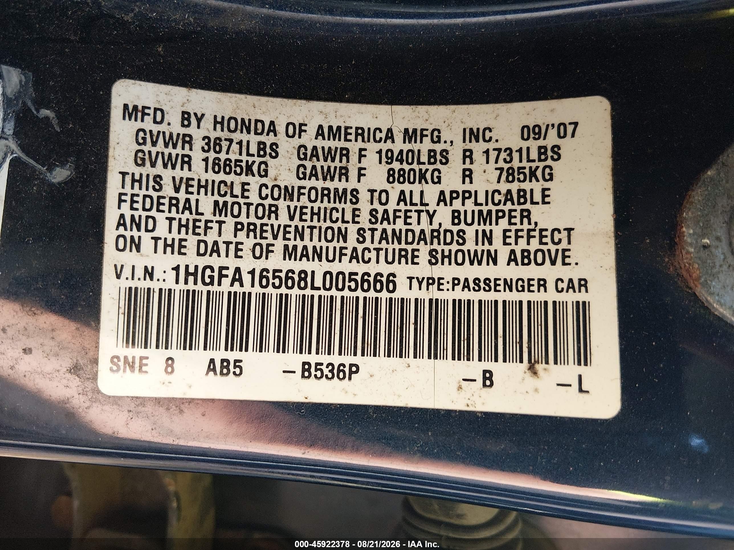 2008 Honda Civic Lx Синий vin: 1HGFA16568L005666
