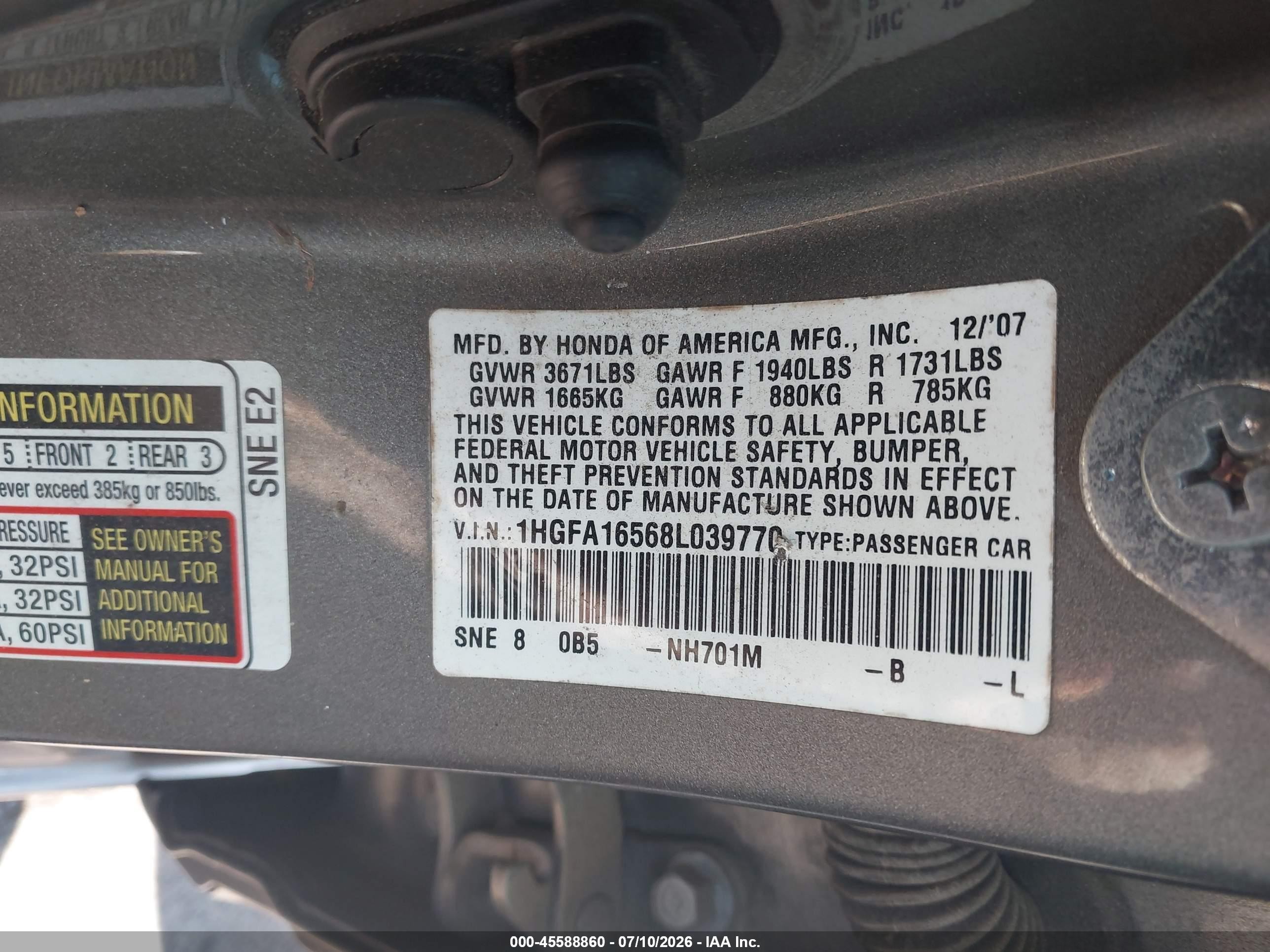 2008 Honda Civic Lx Gray vin: 1HGFA16568L039770