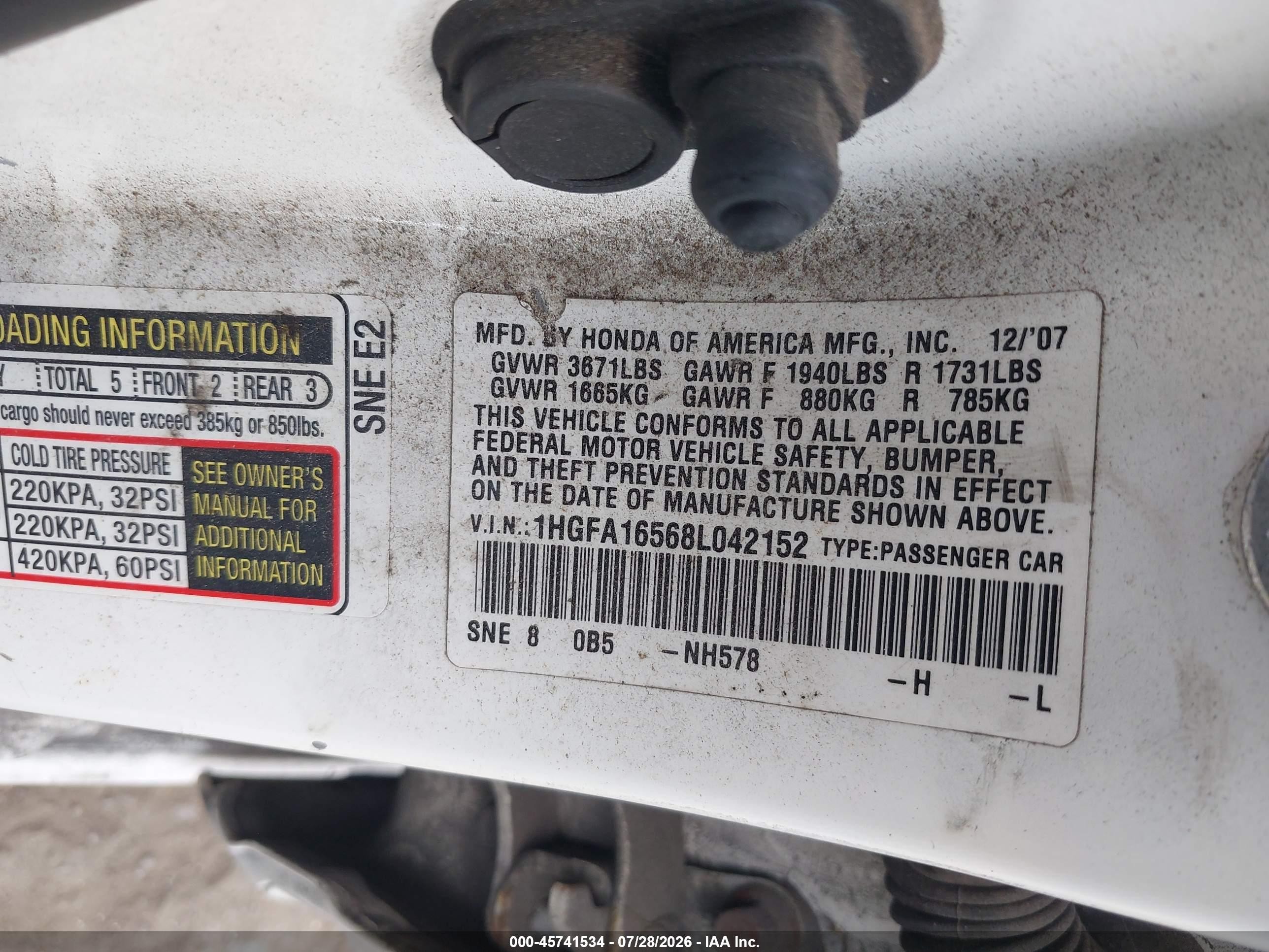 2008 Honda Civic Lx White vin: 1HGFA16568L042152