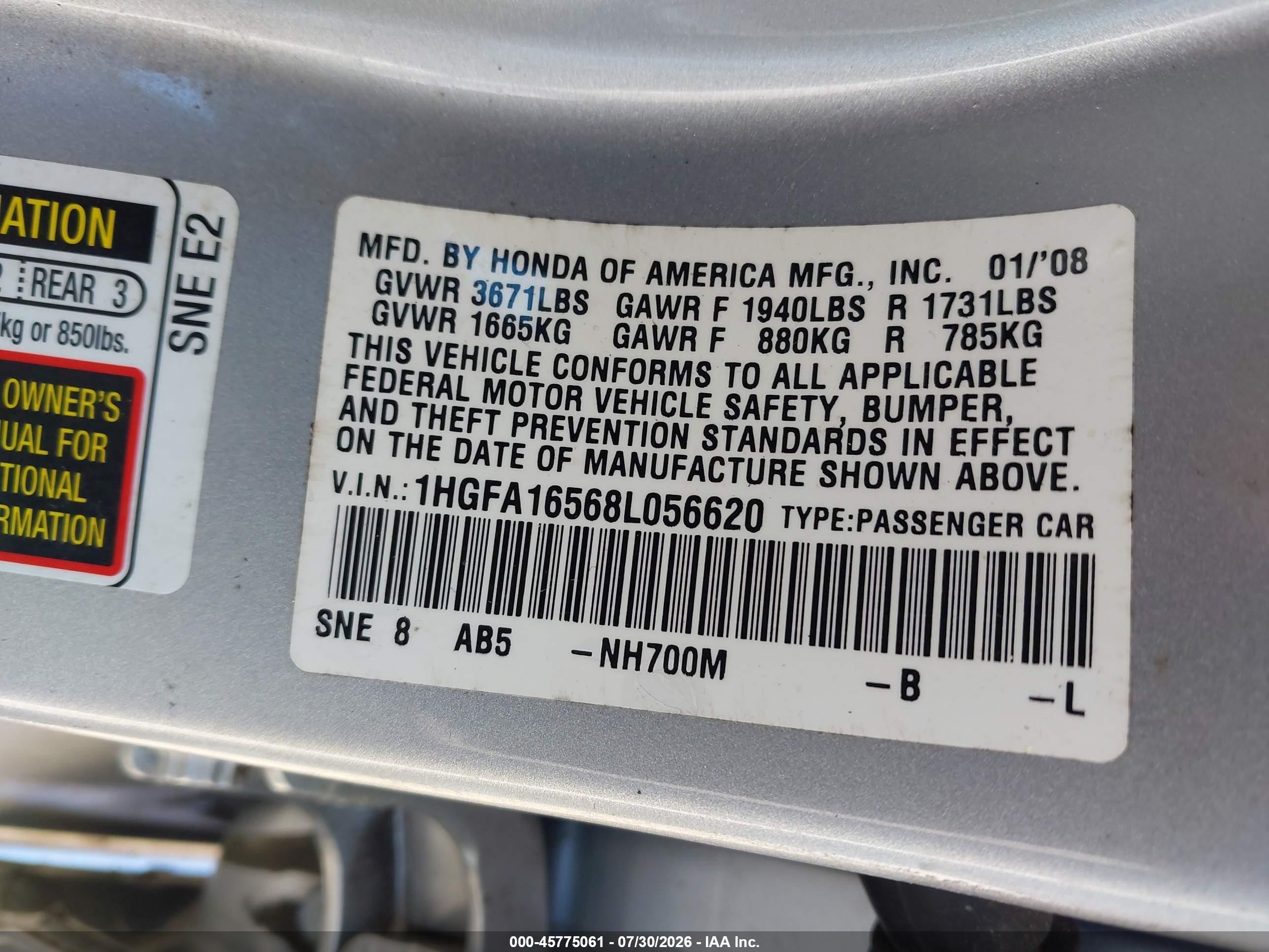 2008 Honda Civic Lx Silver vin: 1HGFA16568L056620