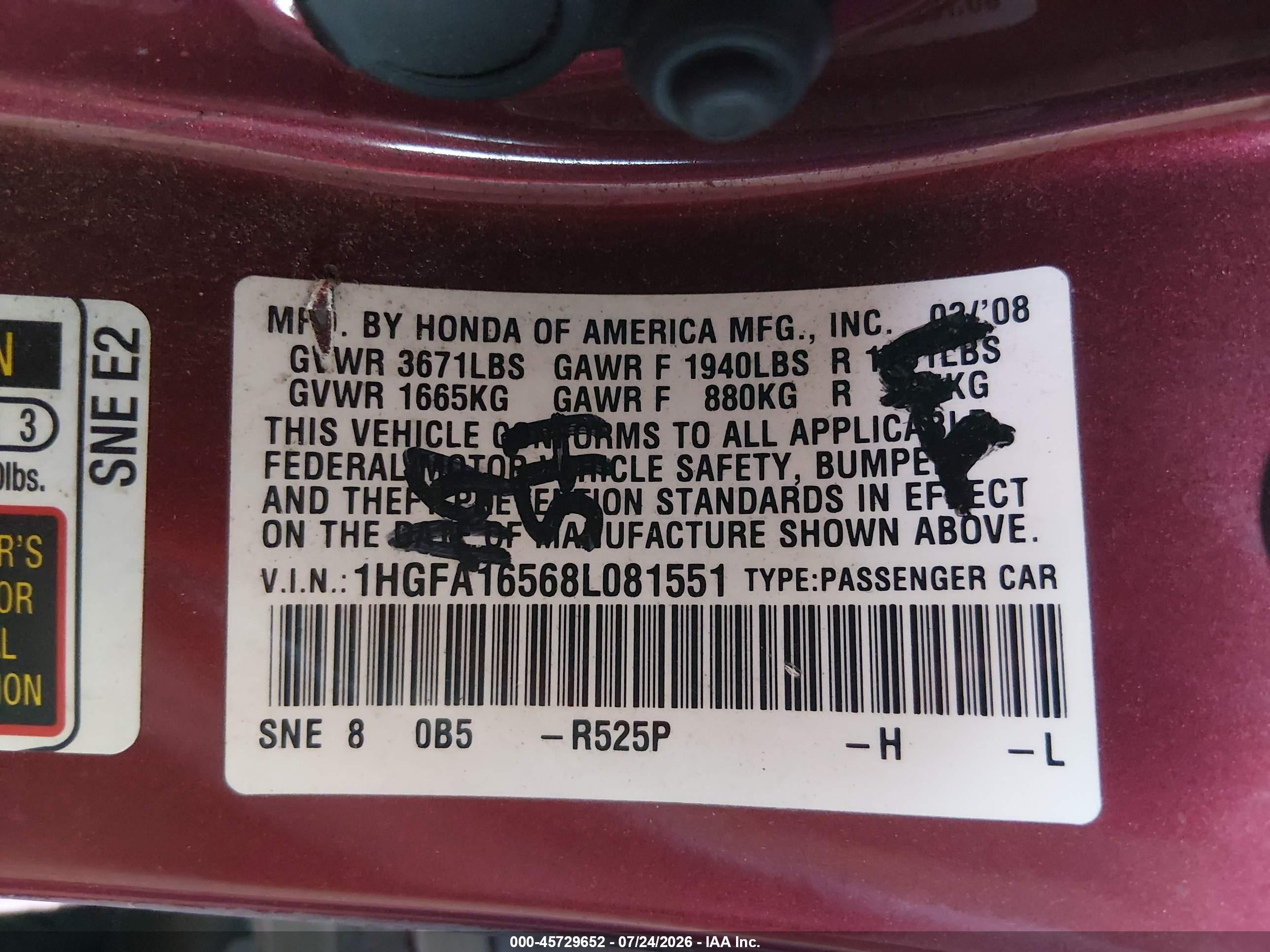 2008 Honda Civic Lx Burgundy vin: 1HGFA16568L081551