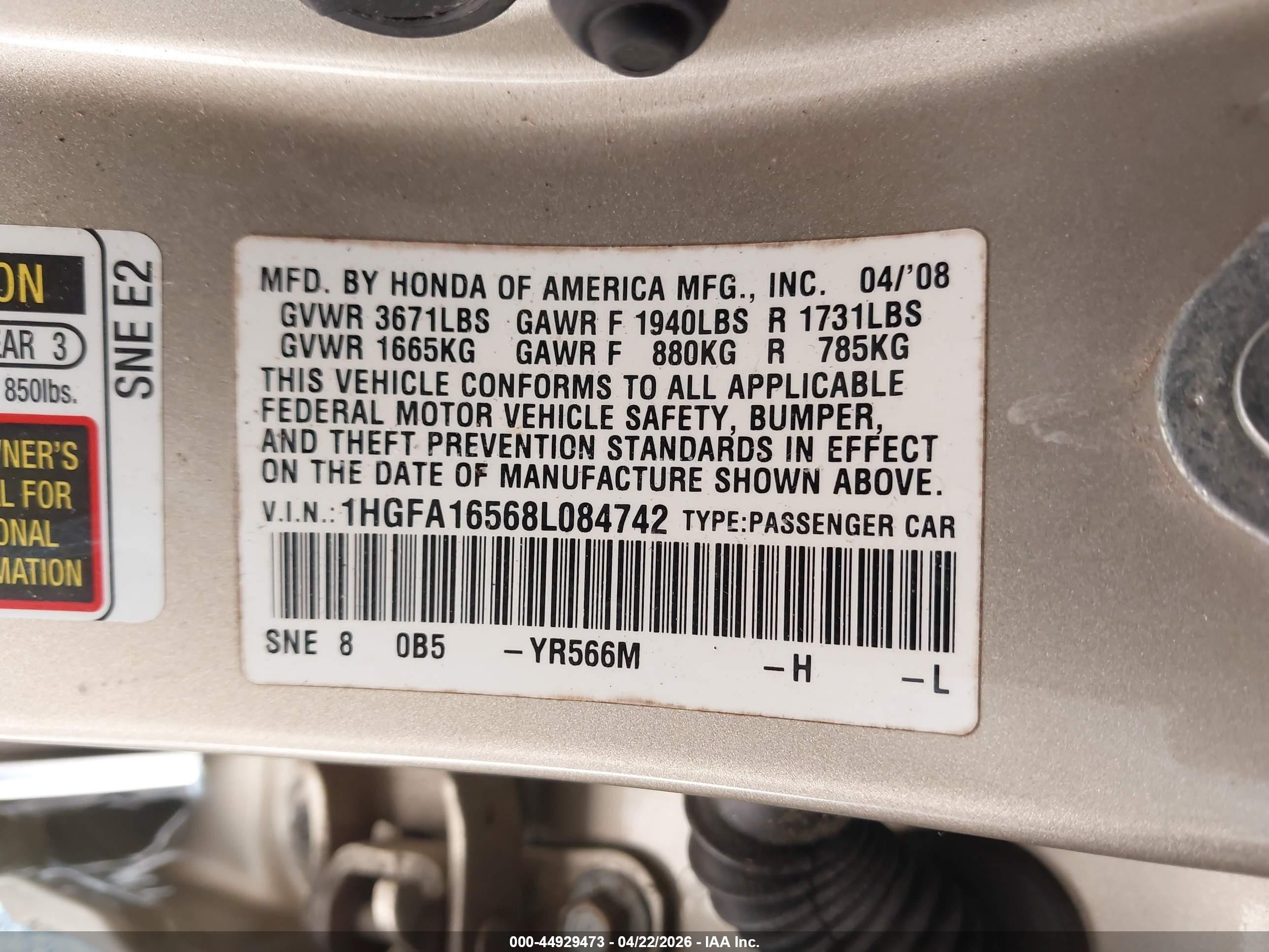 2008 Honda Civic Lx Champagne vin: 1HGFA16568L084742