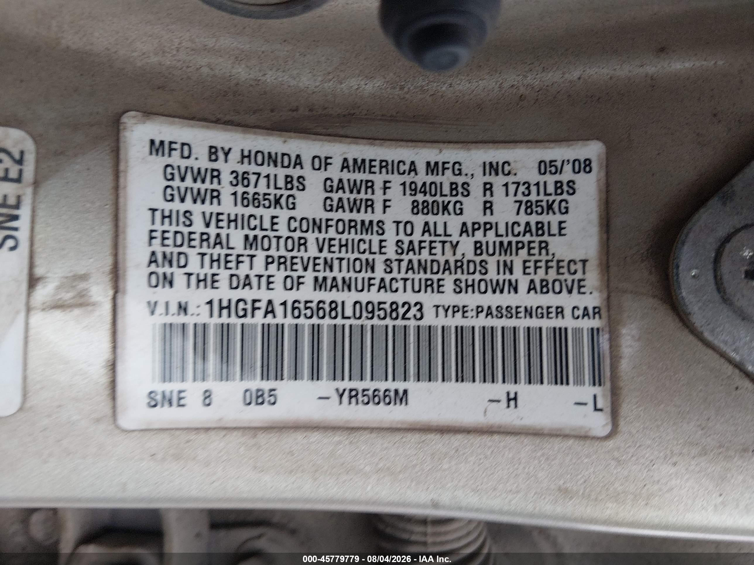 2008 Honda Civic Lx Золотой vin: 1HGFA16568L095823