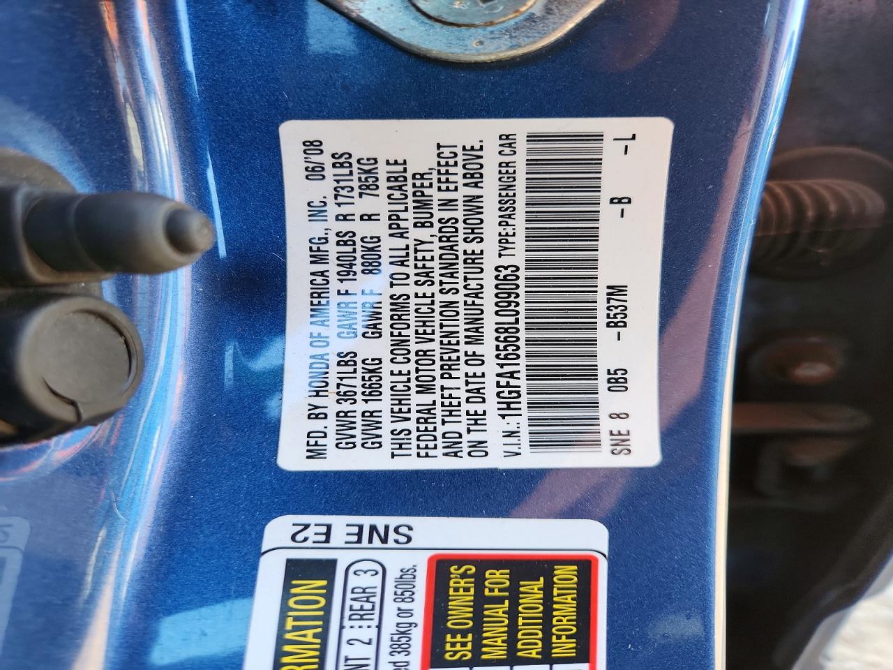 2008 Honda Civic Lx Blue vin: 1HGFA16568L099063