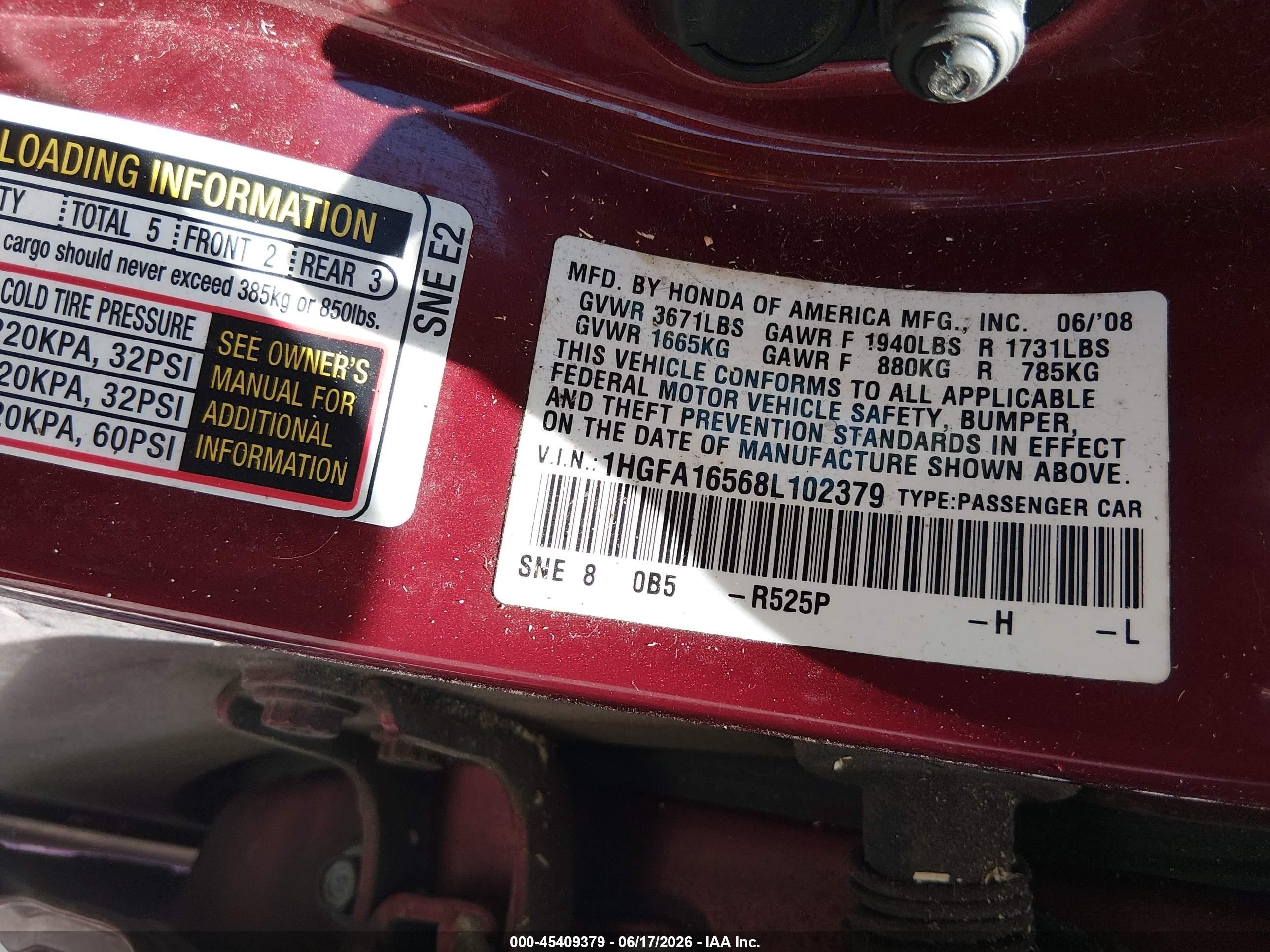 2008 Honda Civic Lx Red vin: 1HGFA16568L102379