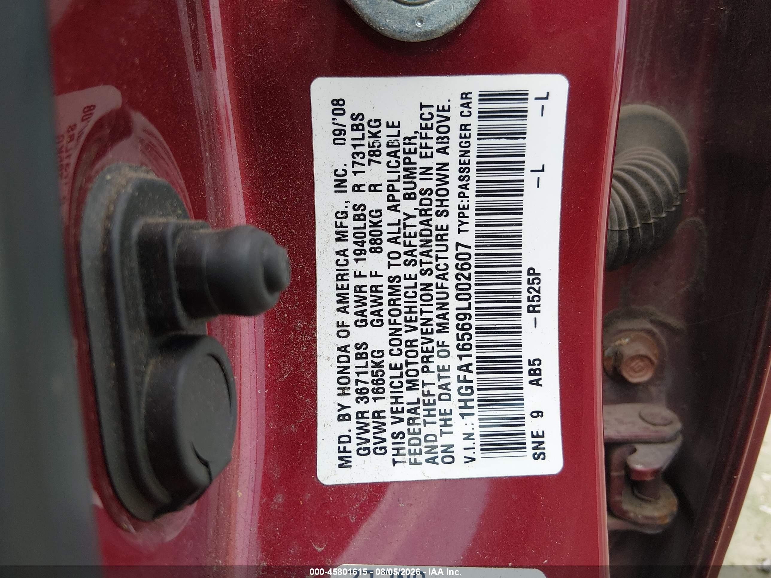 2009 Honda Civic Lx Red vin: 1HGFA16569L002607