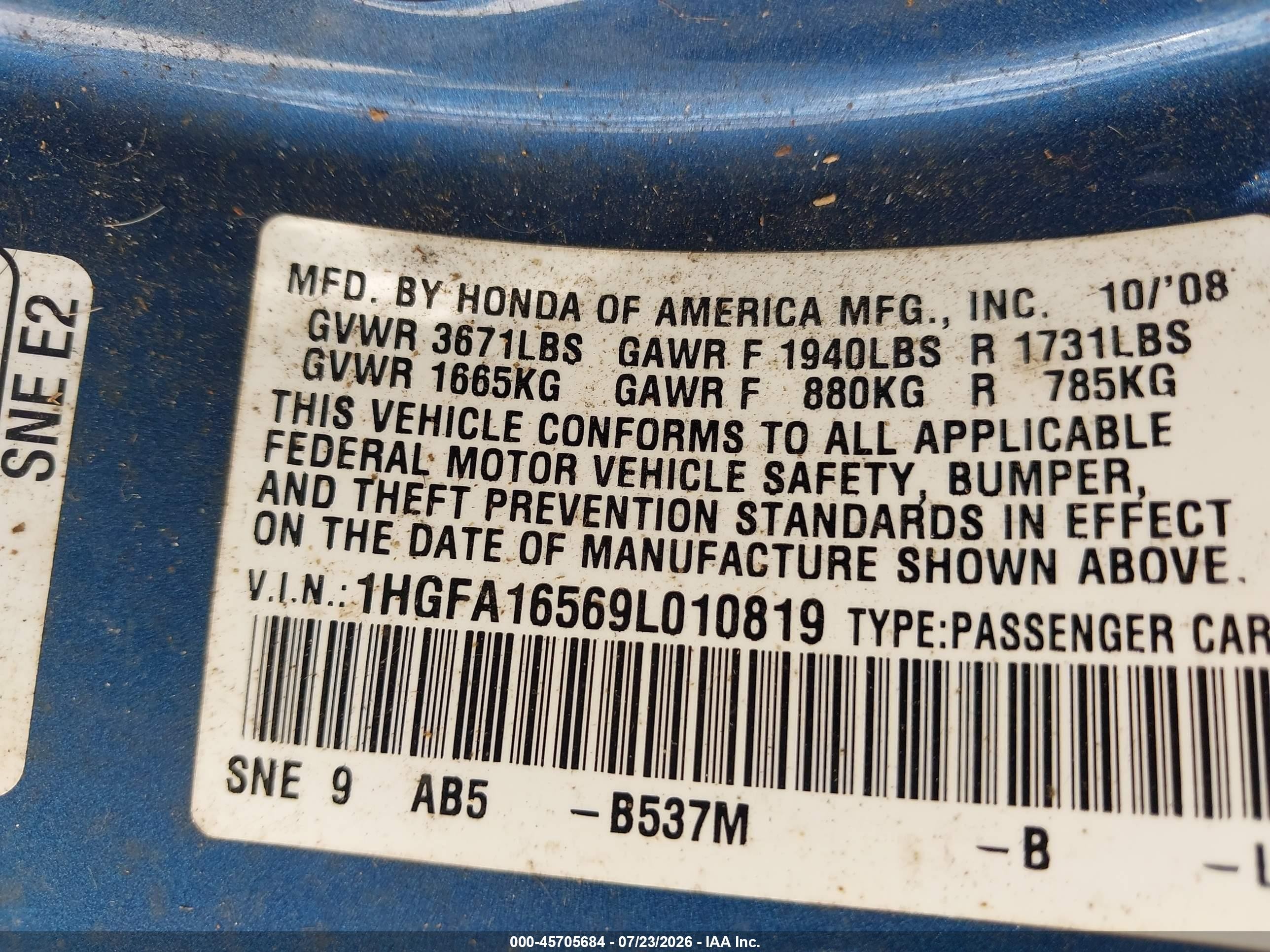 2009 Honda Civic Lx Blue vin: 1HGFA16569L010819