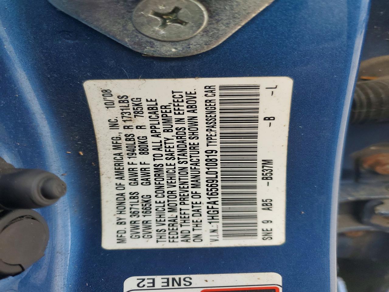 2009 Honda Civic Lx Blue vin: 1HGFA16569L010819