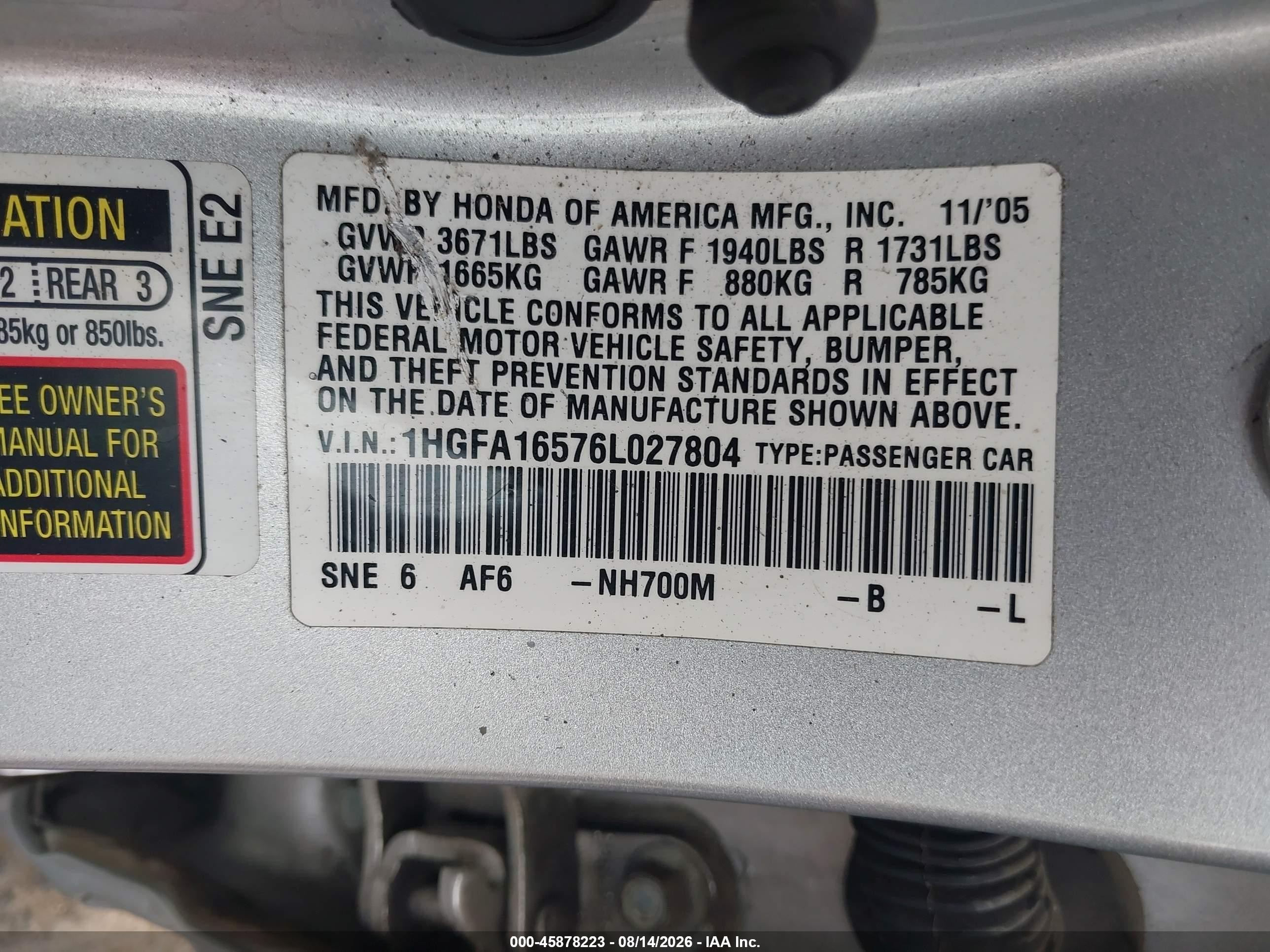 2006 Honda Civic Lx Silver vin: 1HGFA16576L027804