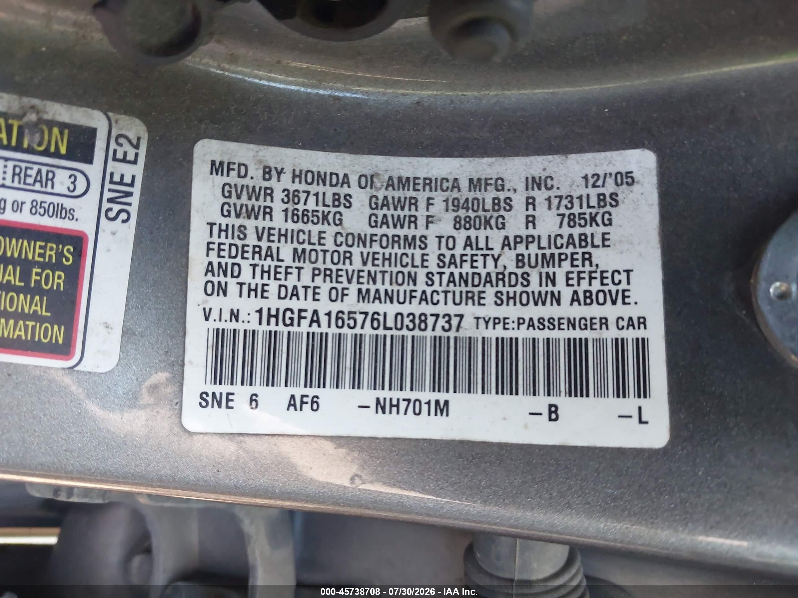 2006 Honda Civic Lx Gray vin: 1HGFA16576L038737
