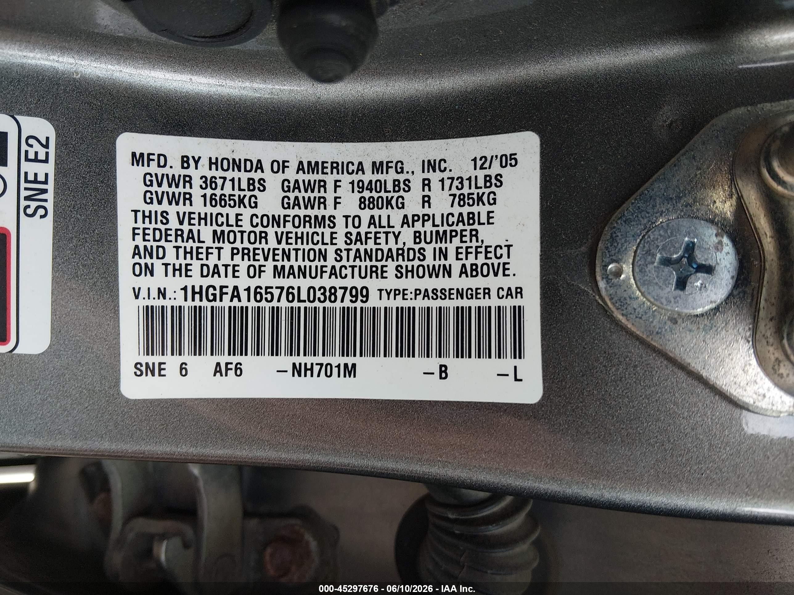 2006 Honda Civic Lx Gray vin: 1HGFA16576L038799