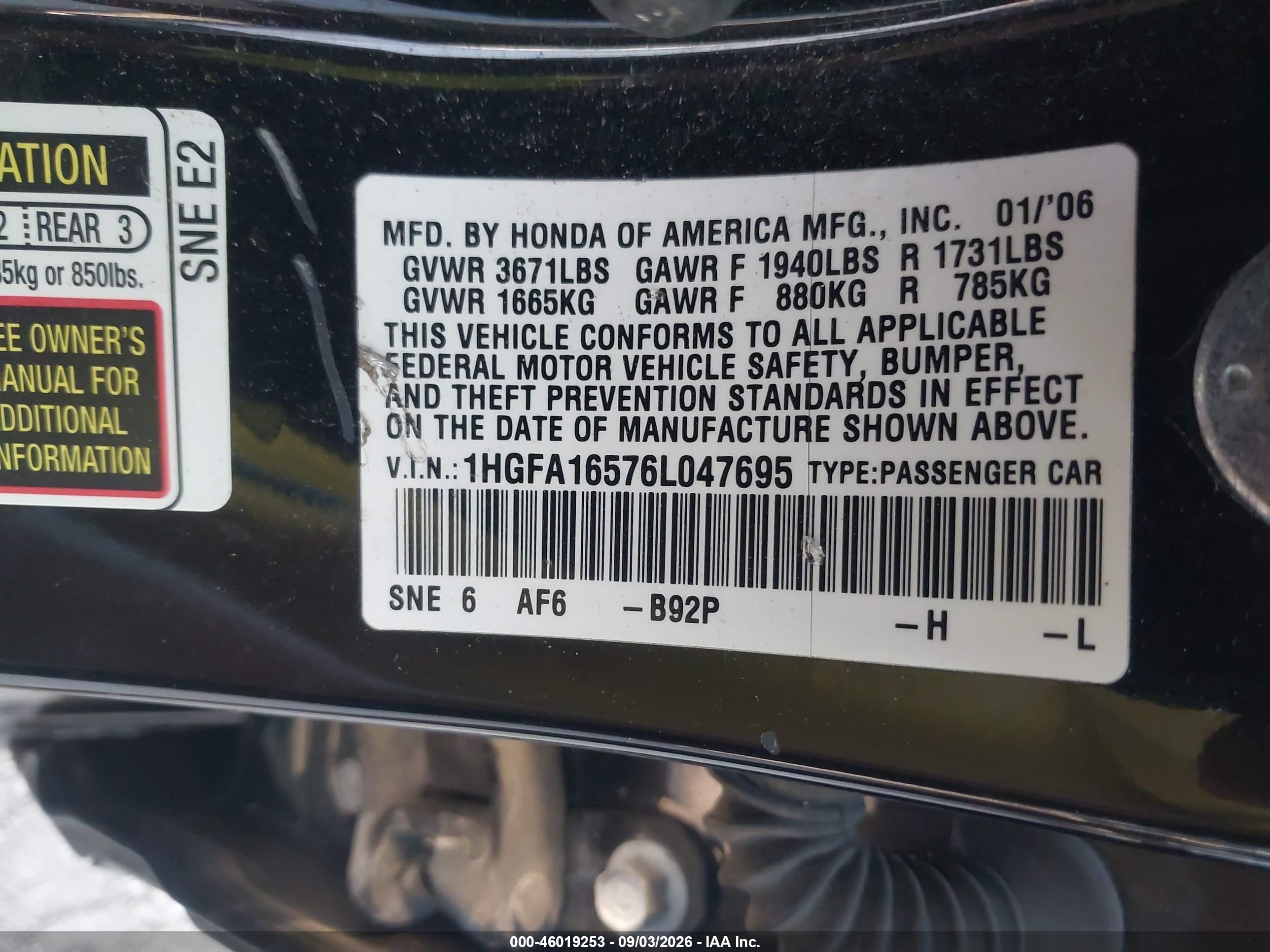 2006 Honda Civic Lx Black vin: 1HGFA16576L047695