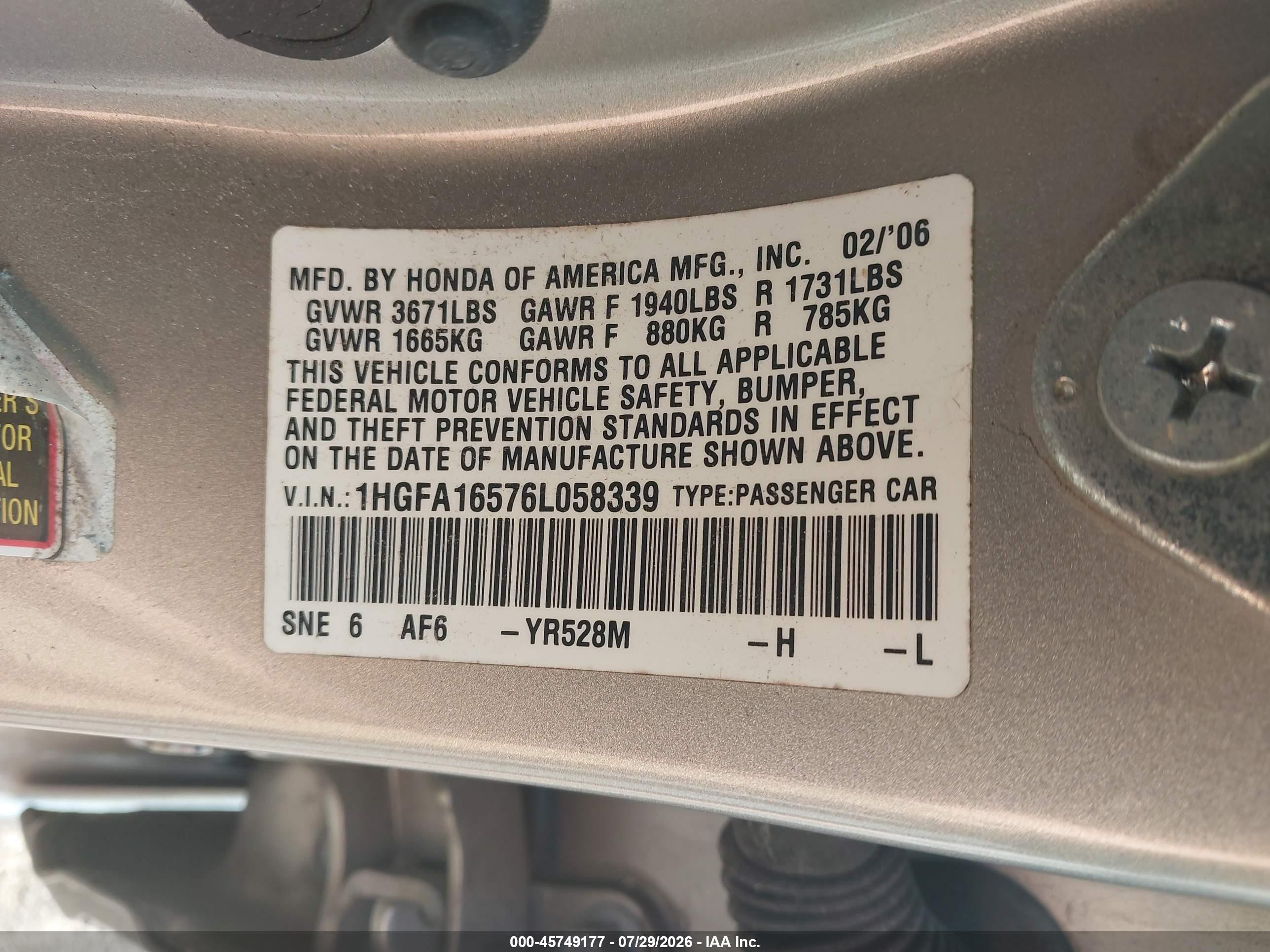 2006 Honda Civic Lx Желто-коричневый vin: 1HGFA16576L058339