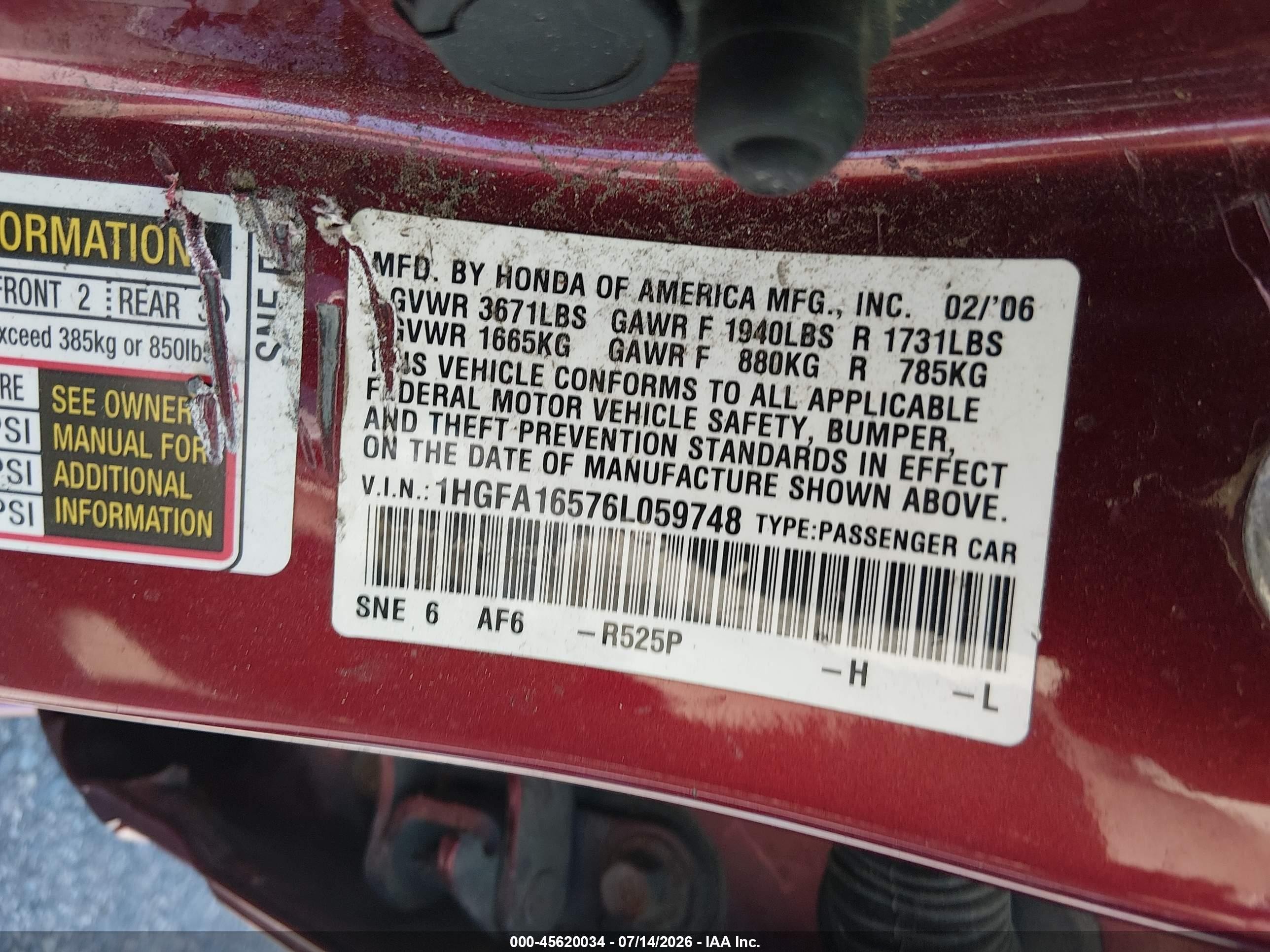 2006 Honda Civic Lx Red vin: 1HGFA16576L059748