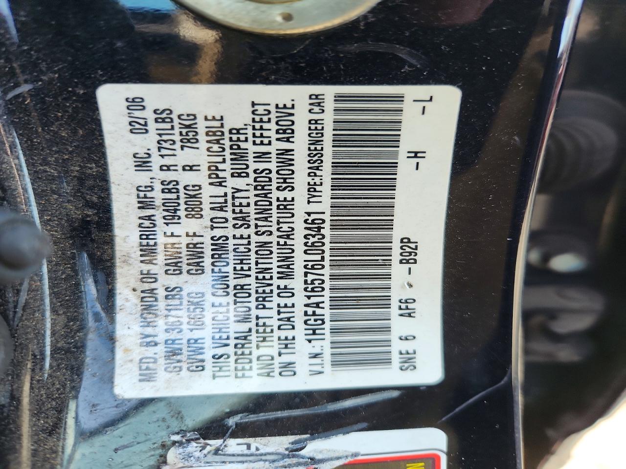 2006 Honda Civic Lx Black vin: 1HGFA16576L063461
