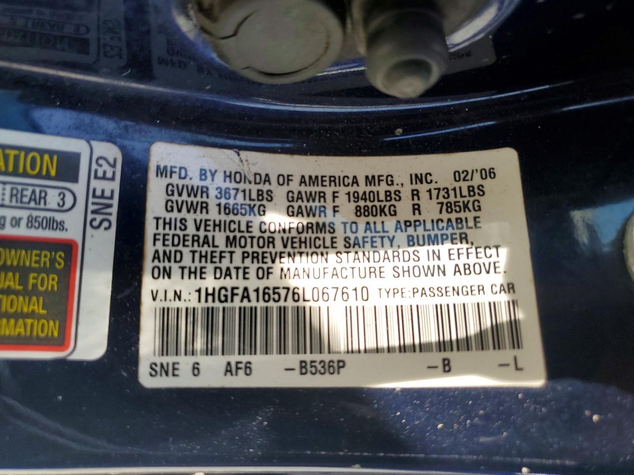 2006 Honda Civic Lx Blue vin: 1HGFA16576L067610