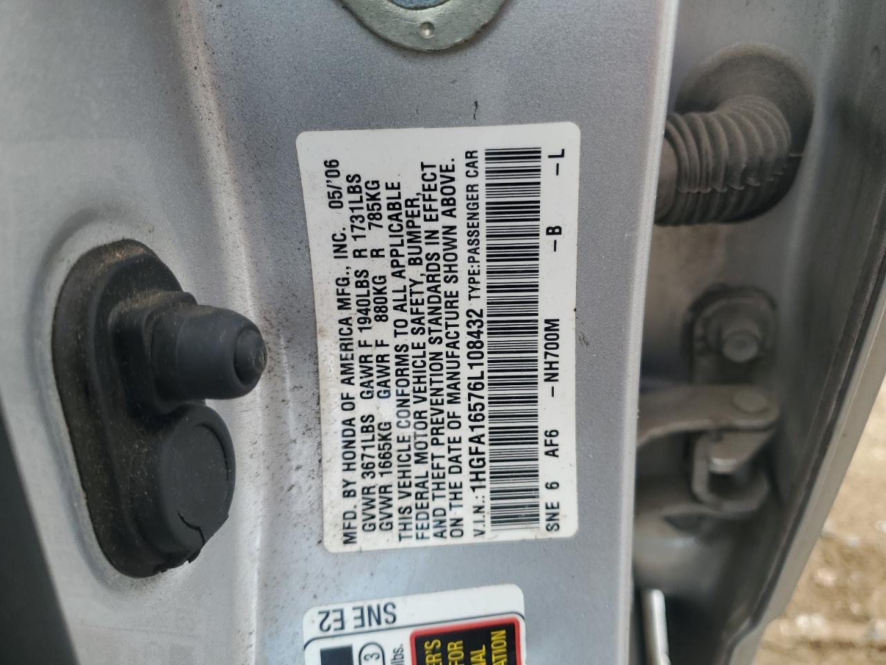 2006 Honda Civic Lx Silver vin: 1HGFA16576L108432