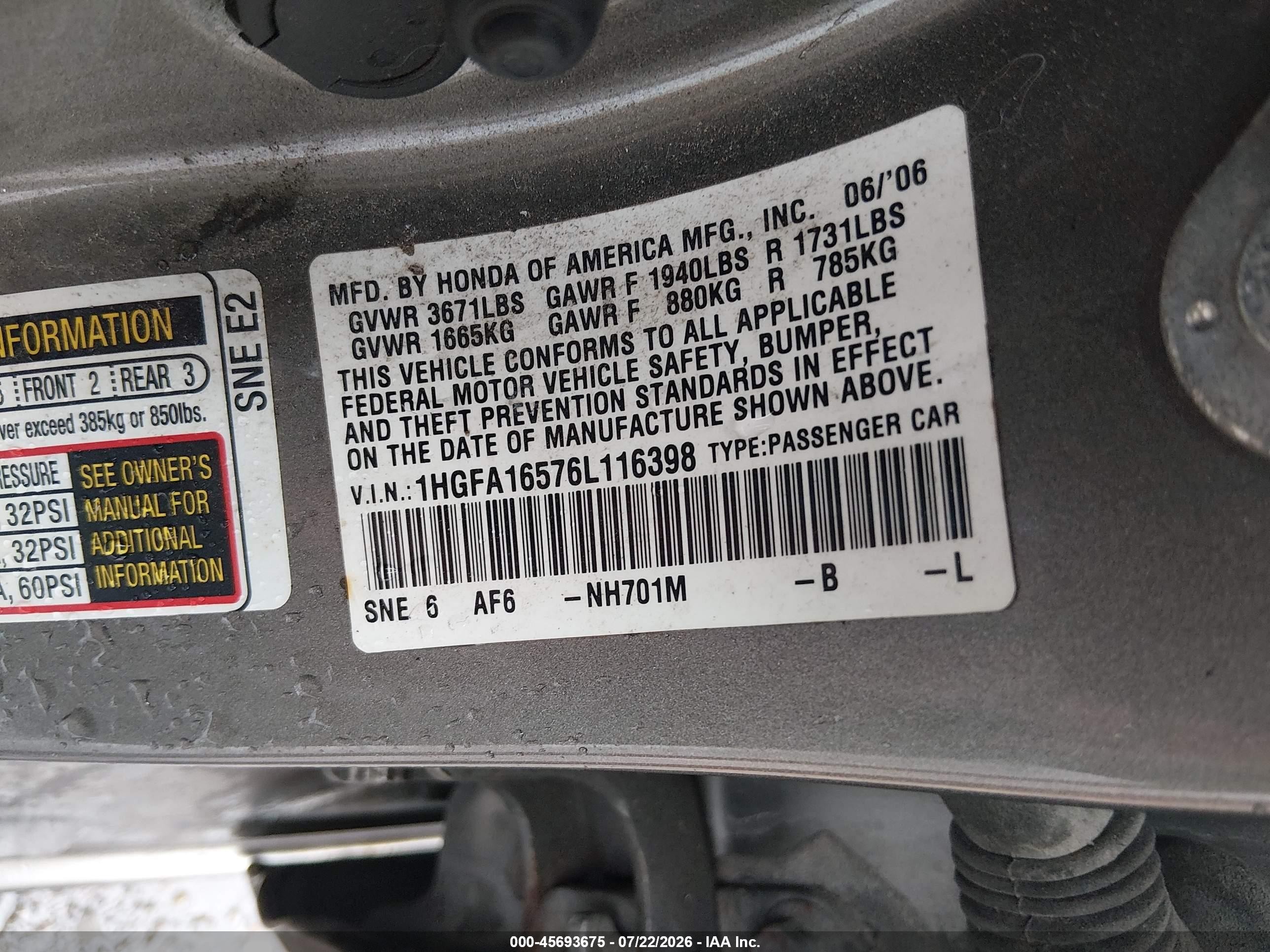 2006 Honda Civic Lx Pewter vin: 1HGFA16576L116398