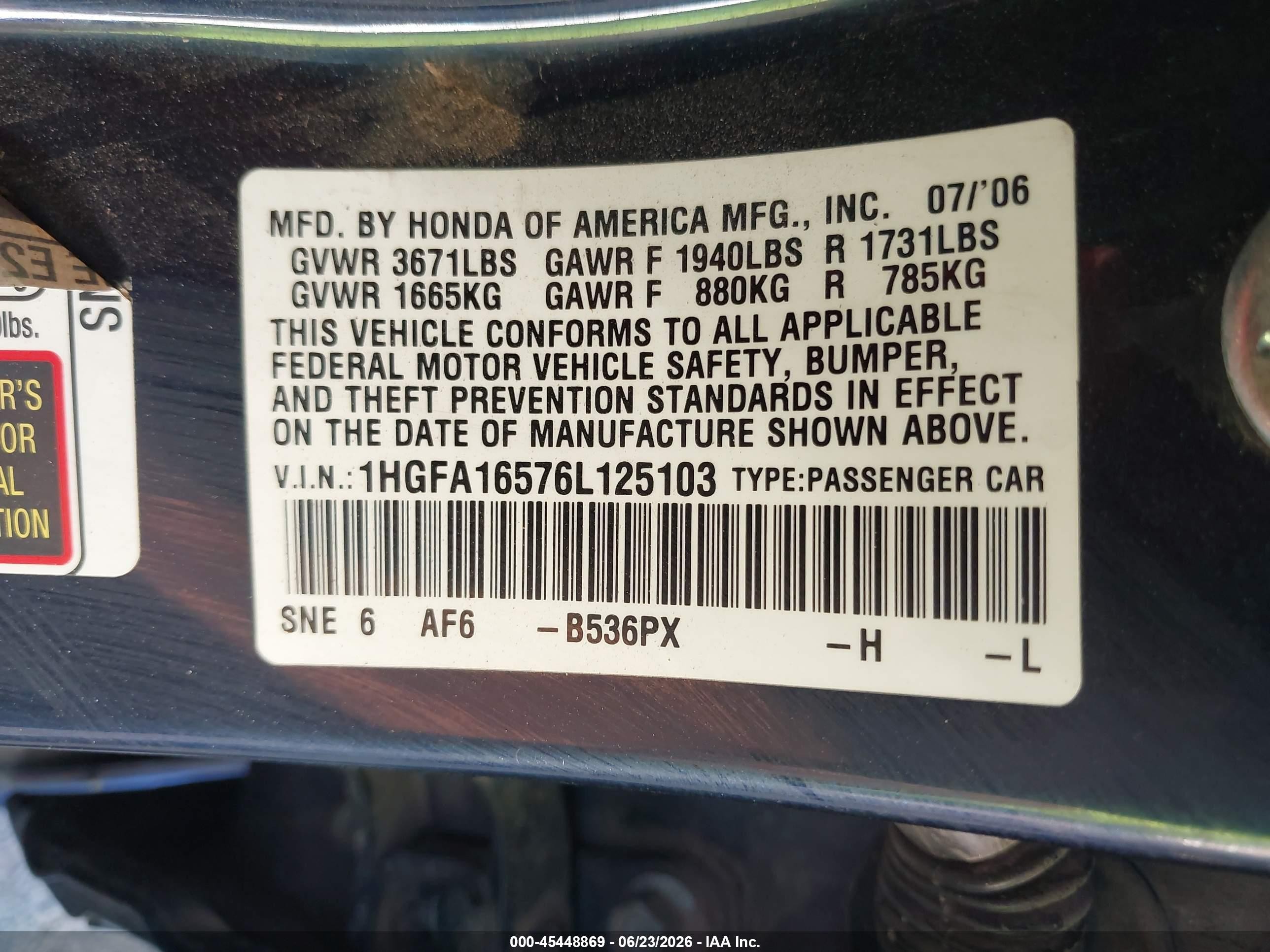 2006 Honda Civic Lx Синий vin: 1HGFA16576L125103
