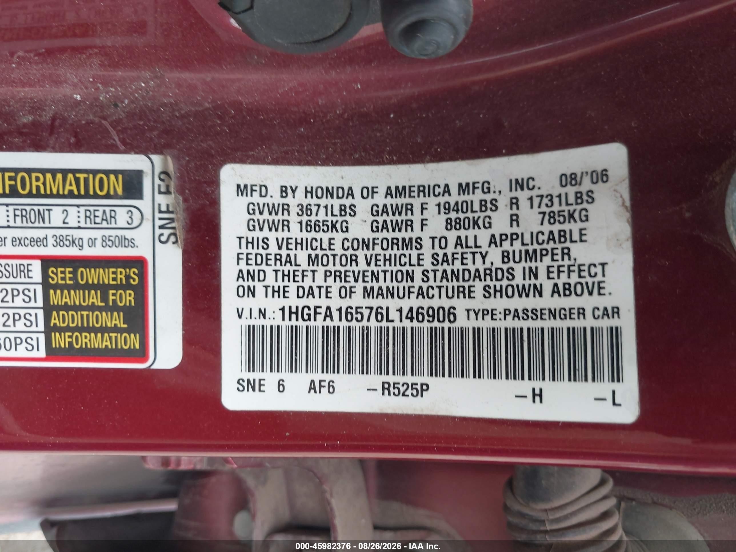 2006 Honda Civic Lx Red vin: 1HGFA16576L146906