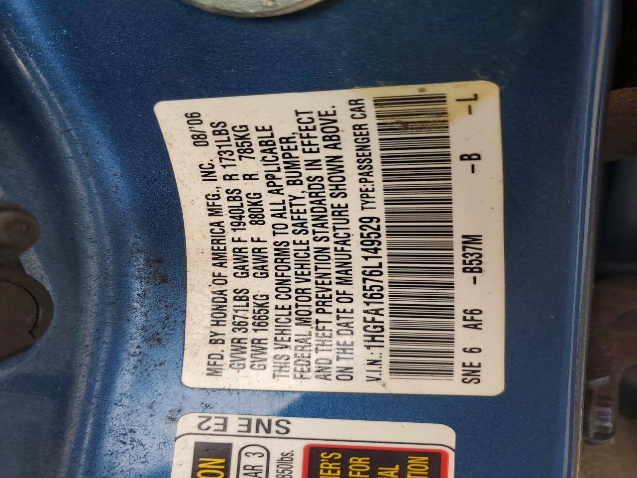 2006 Honda Civic Lx Blue vin: 1HGFA16576L149529