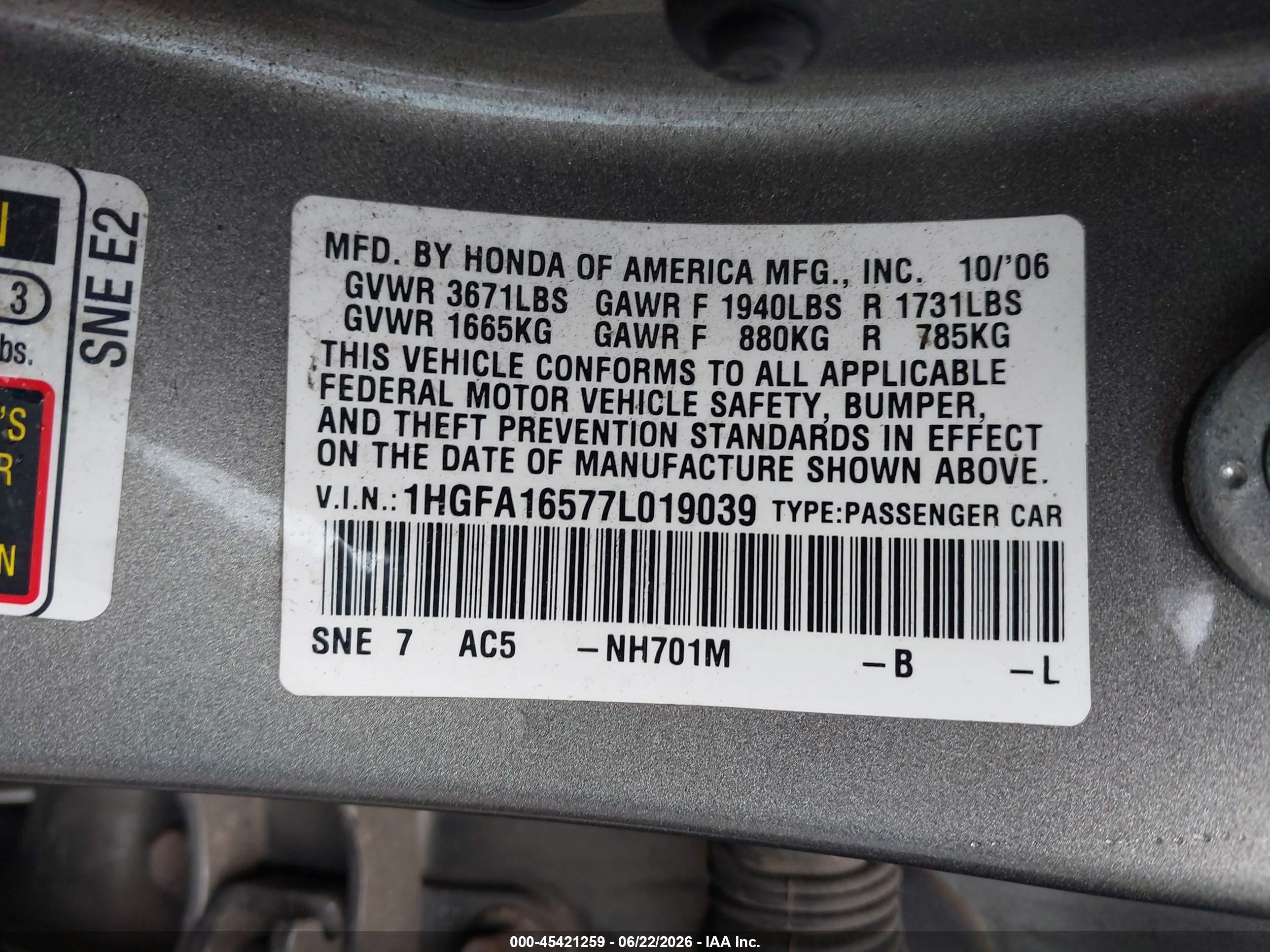 2007 Honda Civic Lx Gray vin: 1HGFA16577L019039