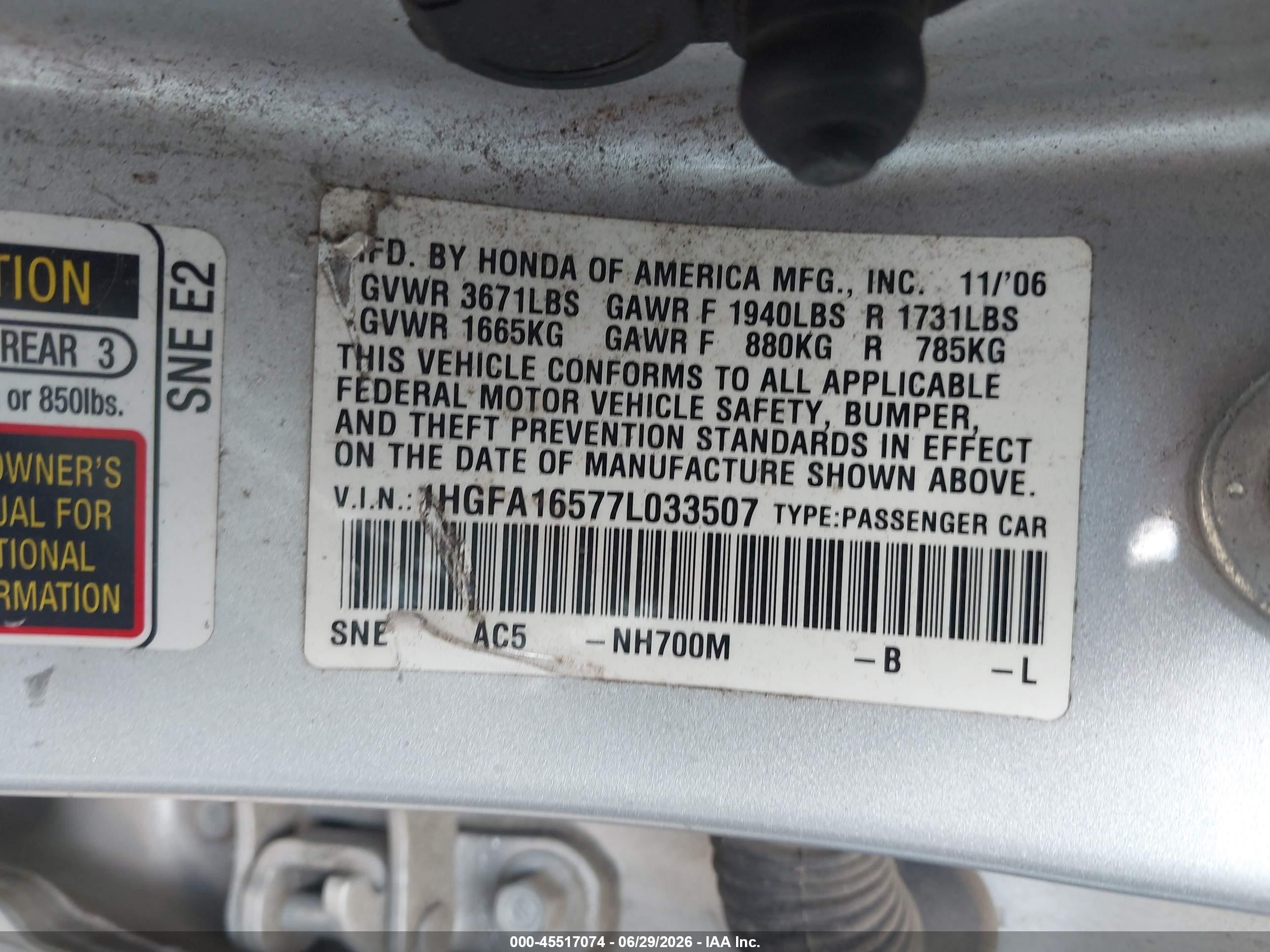 2007 Honda Civic Lx Gray vin: 1HGFA16577L033507